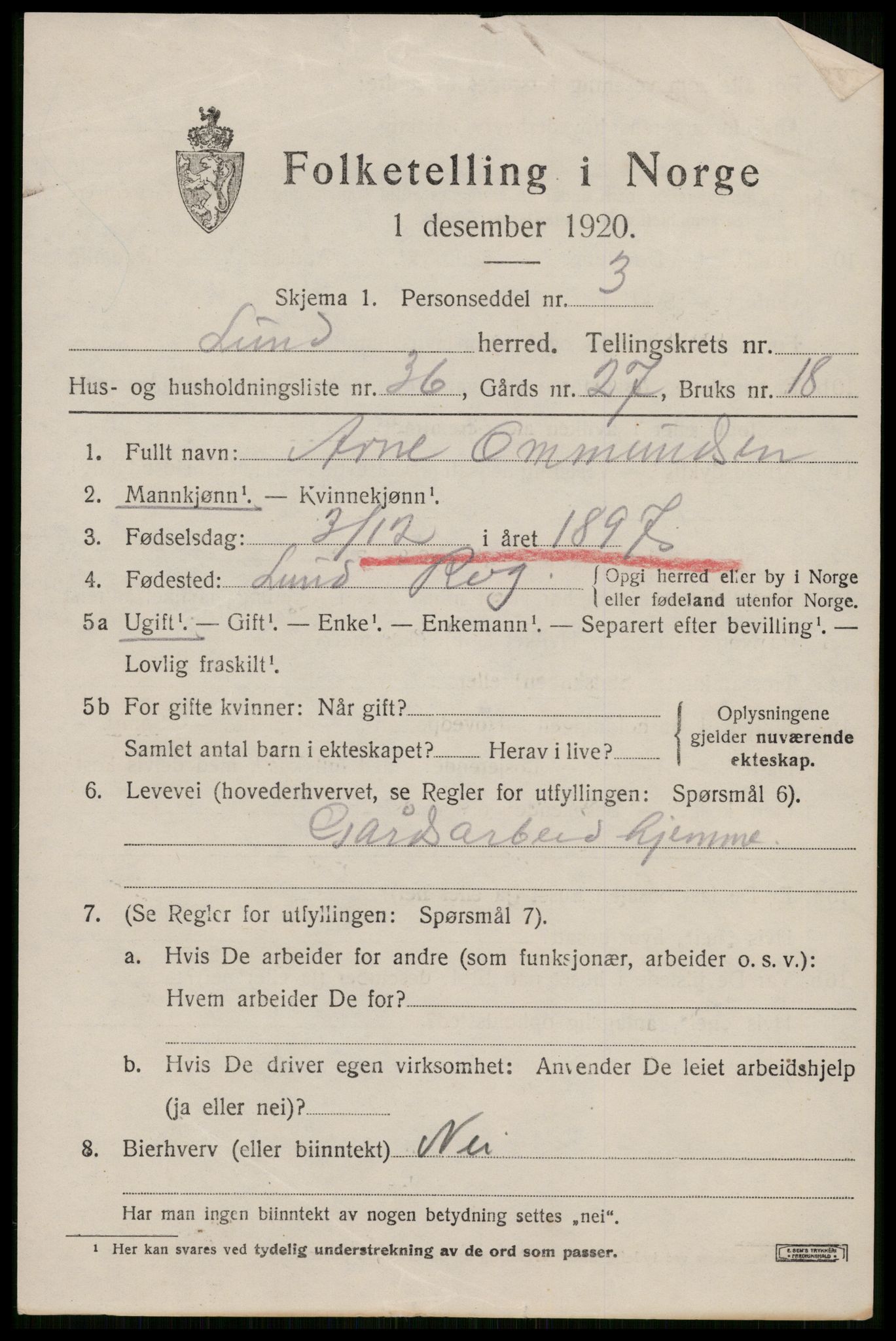 SAST, 1920 census for Lund, 1920, p. 1712