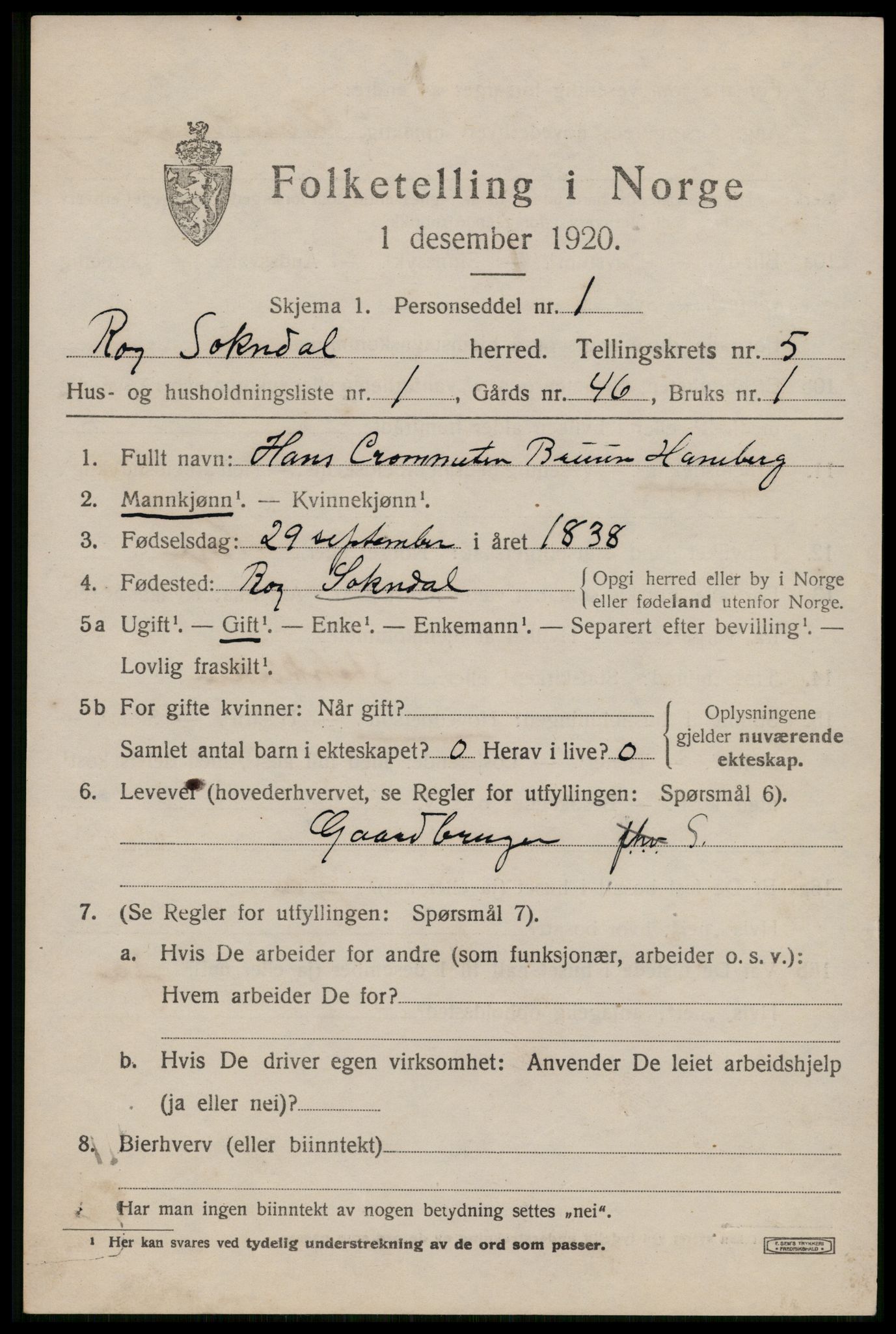 SAST, 1920 census for Sokndal, 1920, p. 3243