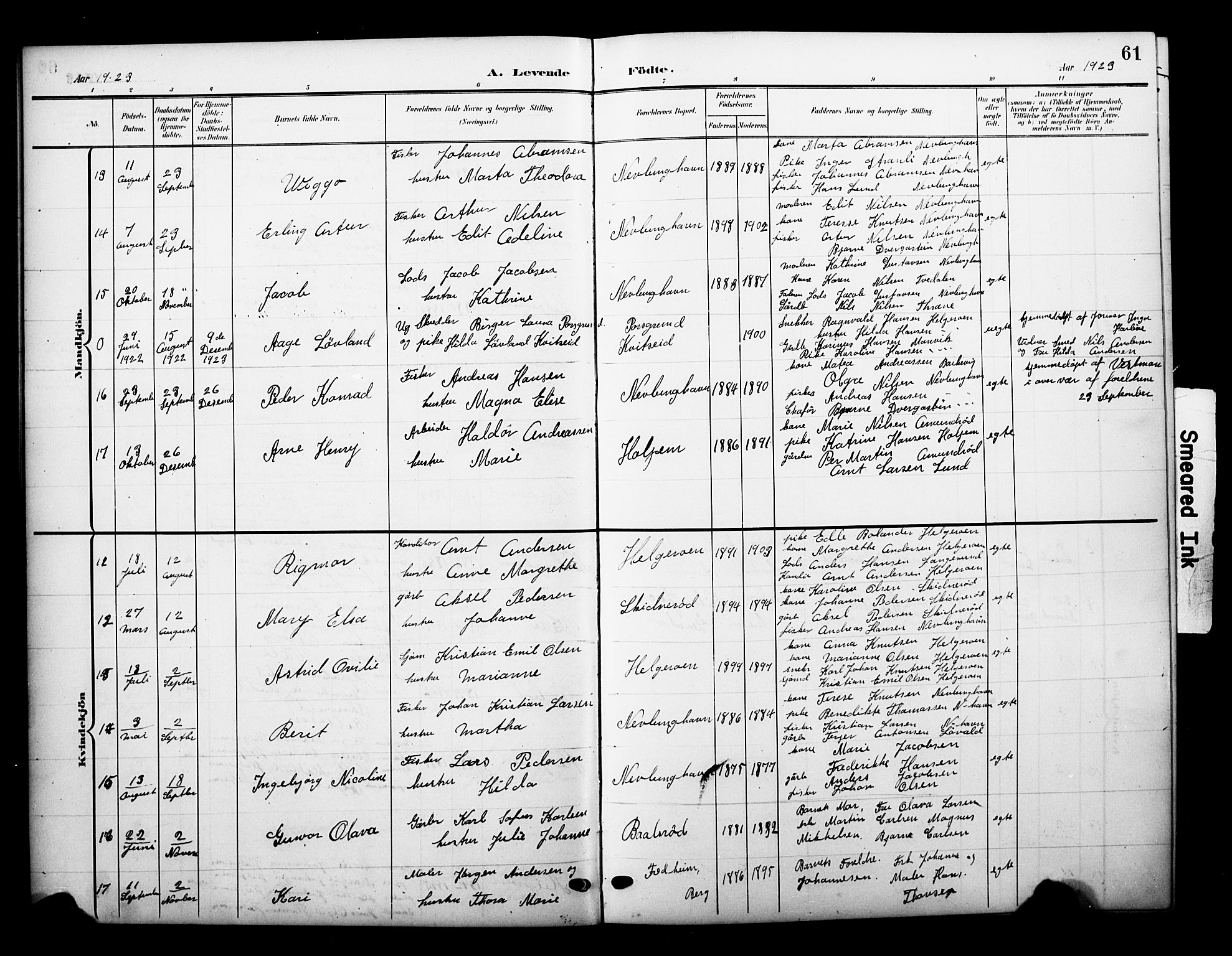 Brunlanes kirkebøker, AV/SAKO-A-342/G/Gb/L0003: Parish register (copy) no. II 3, 1903-1928, p. 61