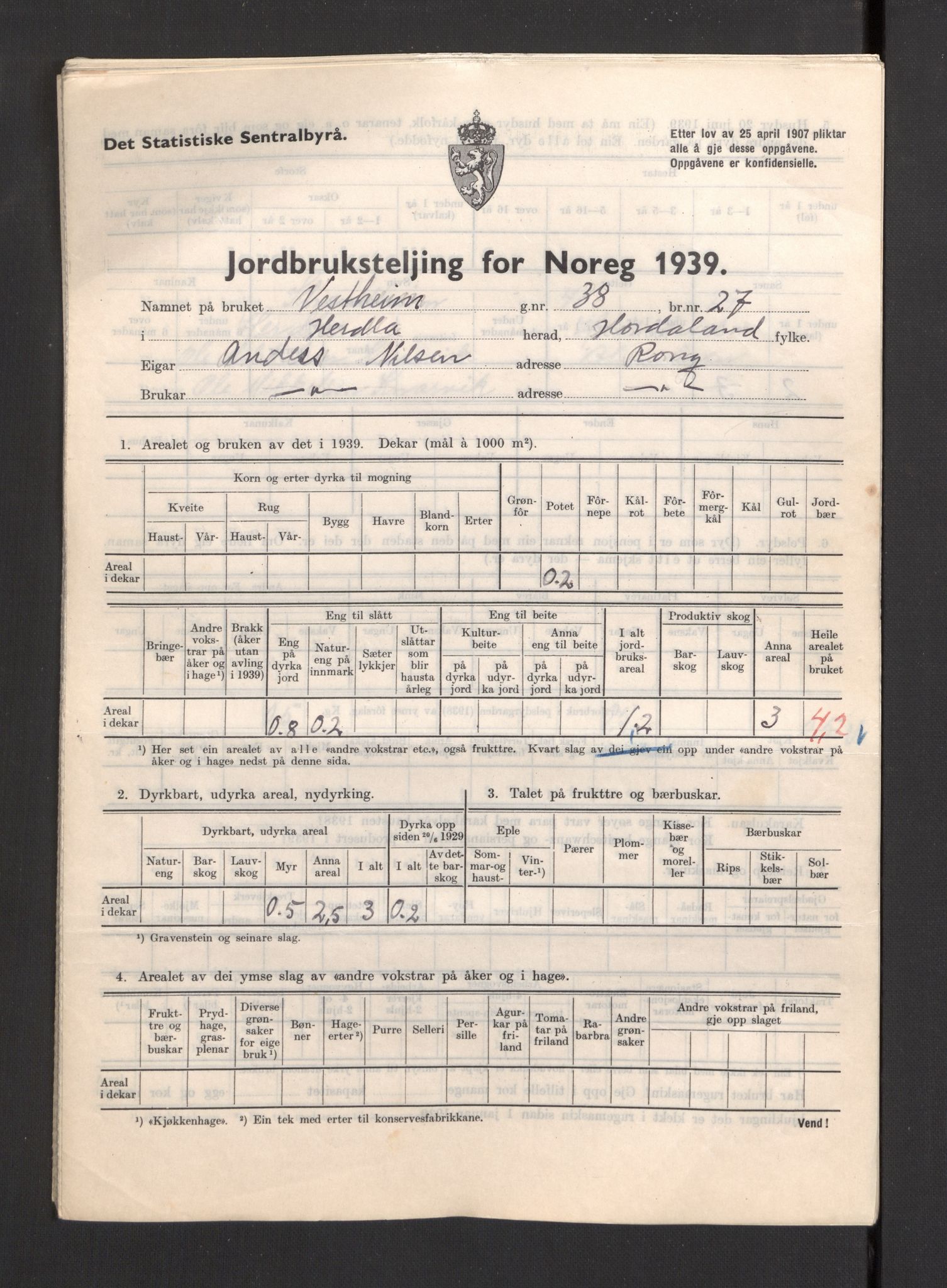 Statistisk sentralbyrå, Næringsøkonomiske emner, Jordbruk, skogbruk, jakt, fiske og fangst, AV/RA-S-2234/G/Gb/L0211: Hordaland: Herdla, Hjelme og Manger, 1939, p. 17