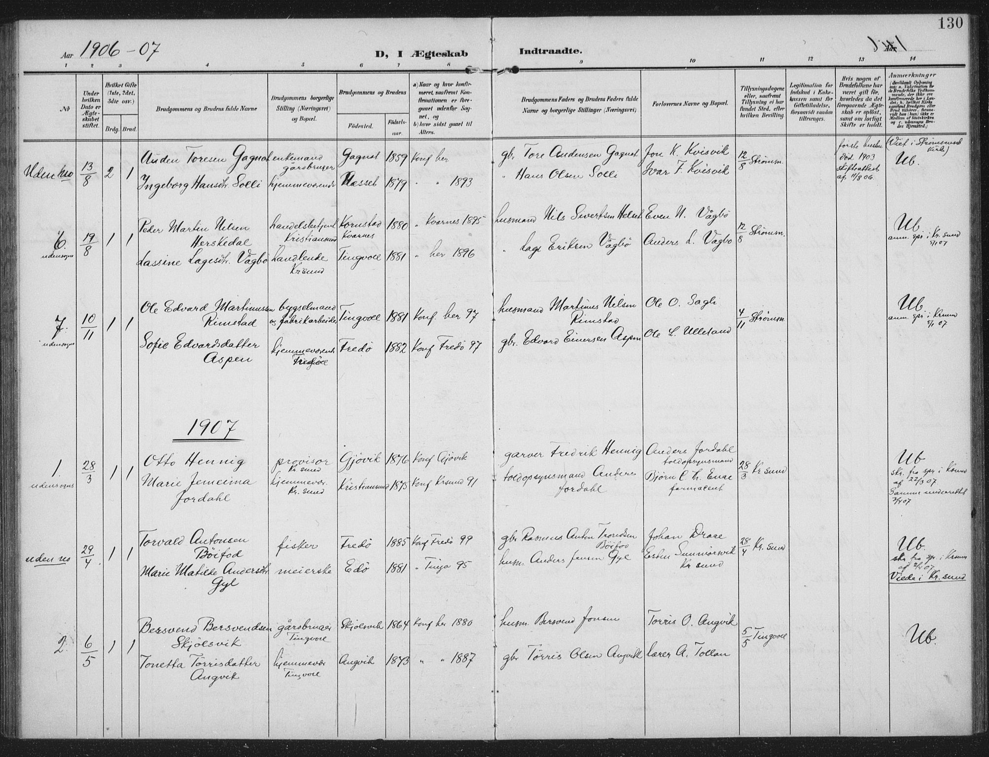 Ministerialprotokoller, klokkerbøker og fødselsregistre - Møre og Romsdal, AV/SAT-A-1454/586/L0989: Parish register (official) no. 586A15, 1906-1915, p. 130