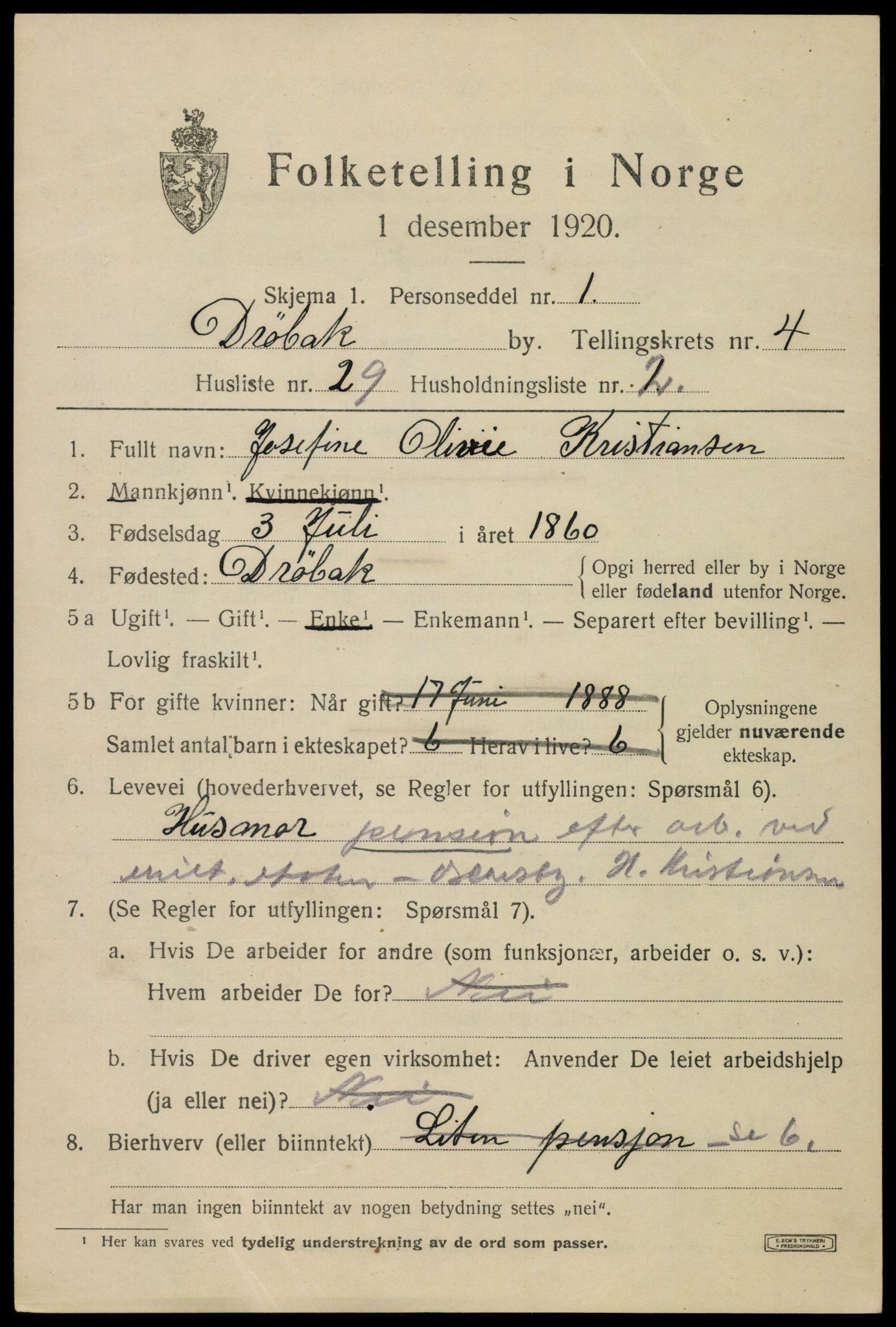 SAO, 1920 census for Drøbak, 1920, p. 4403
