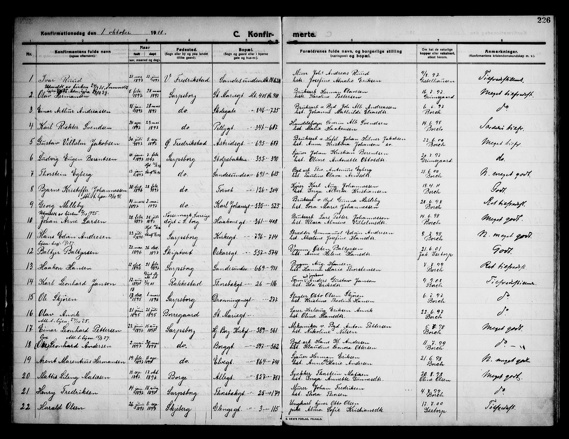 Sarpsborg prestekontor Kirkebøker, AV/SAO-A-2006/F/Fa/L0008: Parish register (official) no. 8, 1910-1920, p. 226