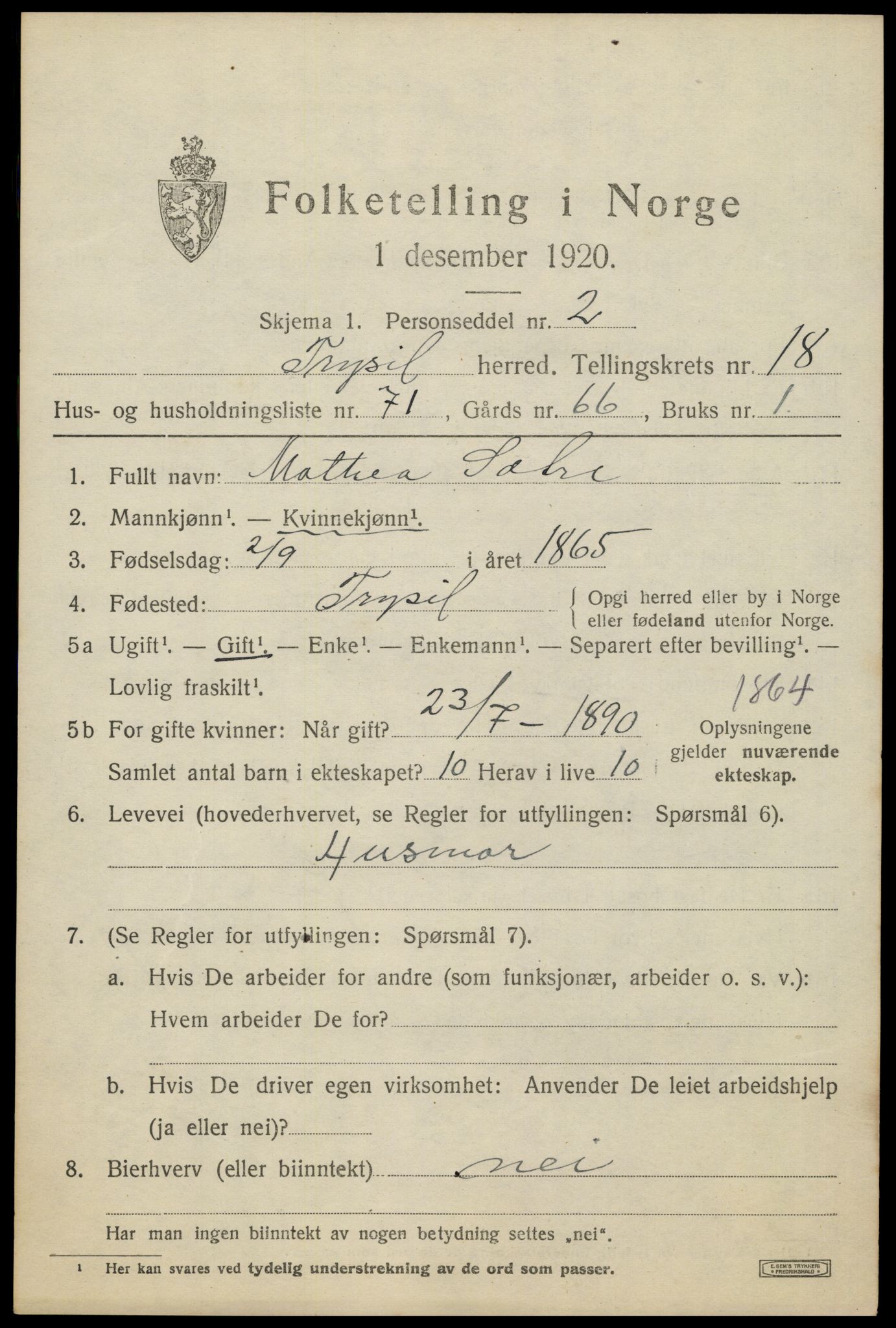 SAH, 1920 census for Trysil, 1920, p. 12619