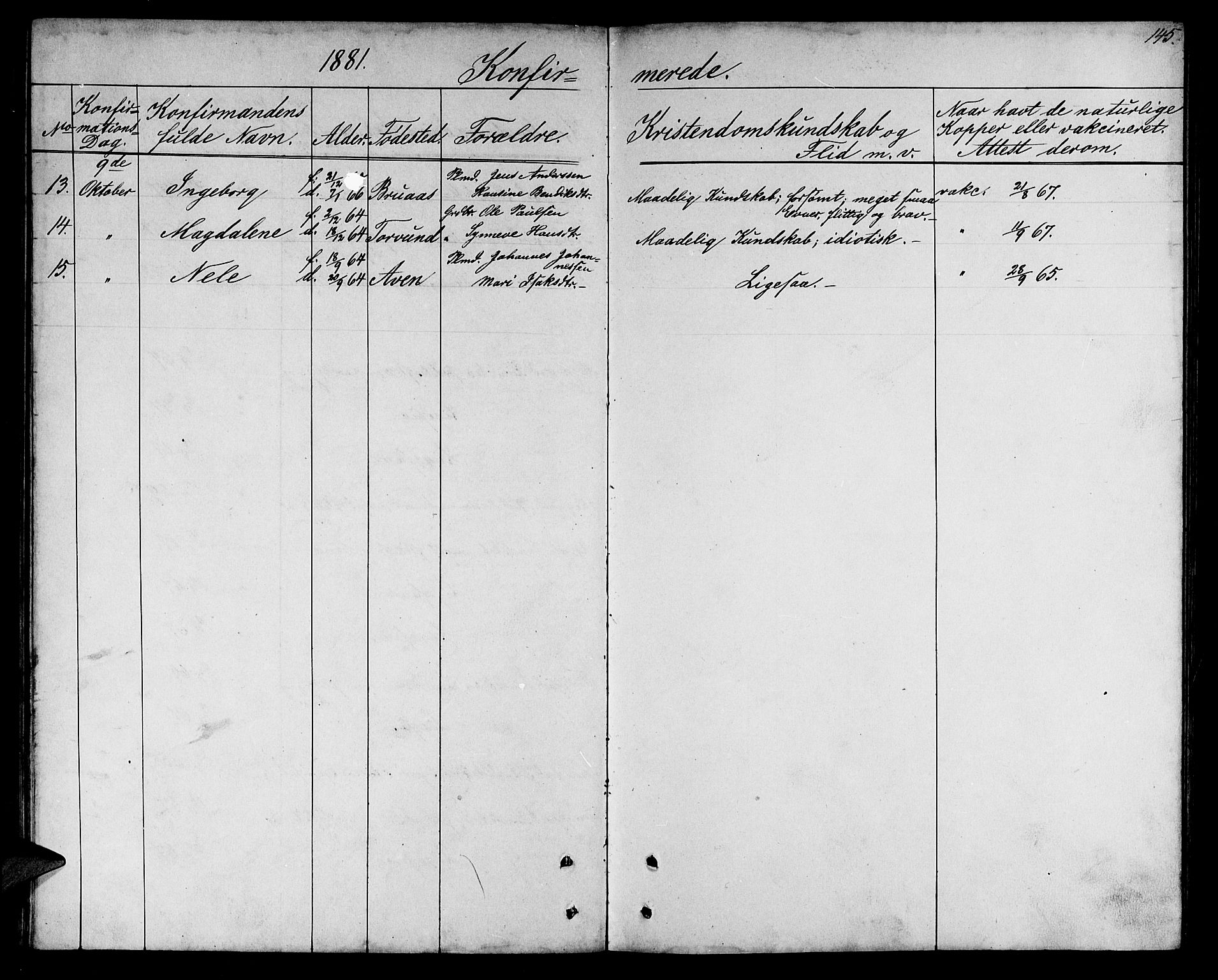 Lavik sokneprestembete, SAB/A-80901: Parish register (copy) no. A 1, 1854-1881, p. 145