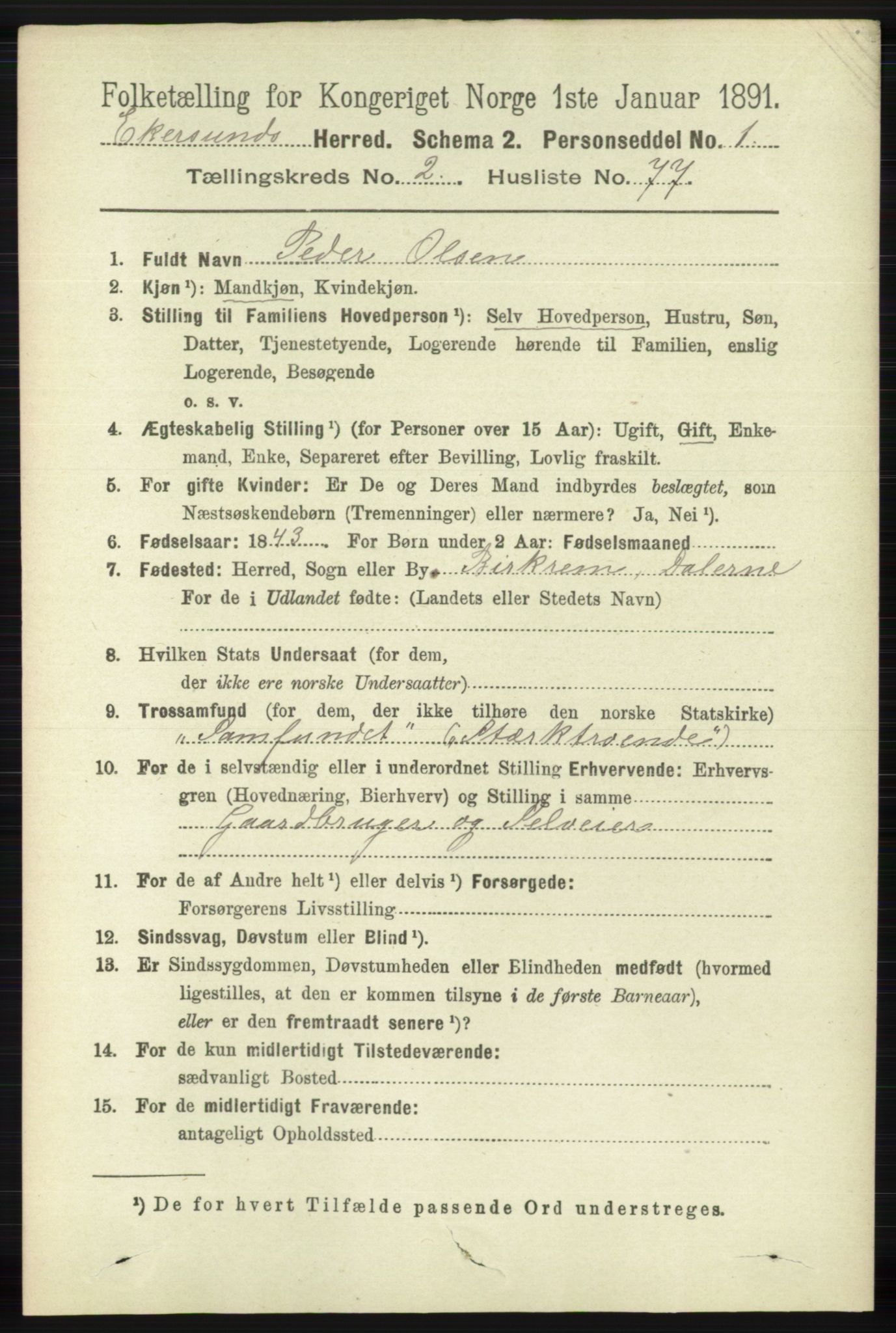 RA, 1891 census for 1116 Eigersund herred, 1891, p. 895