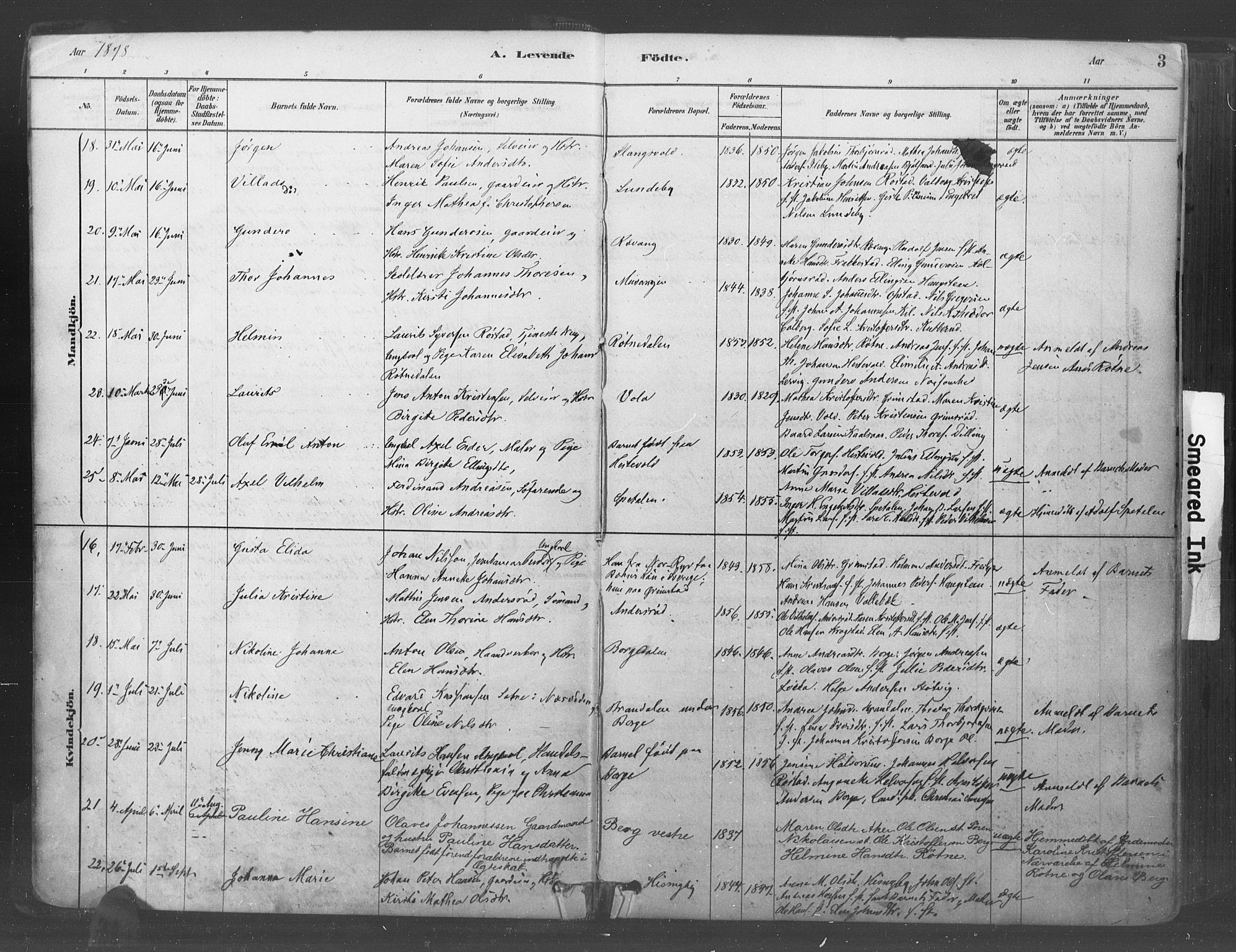 Råde prestekontor kirkebøker, AV/SAO-A-2009/F/Fa/L0007: Parish register (official) no. 7, 1878-1902, p. 3