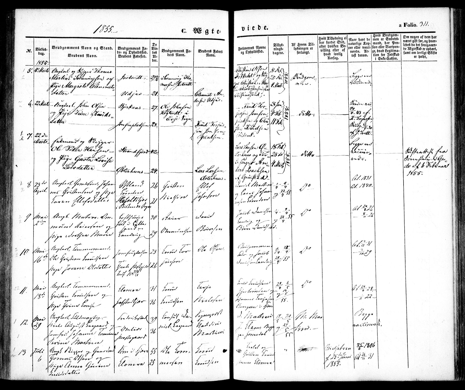 Hommedal sokneprestkontor, AV/SAK-1111-0023/F/Fa/Fab/L0004: Parish register (official) no. A 4, 1848-1860, p. 311