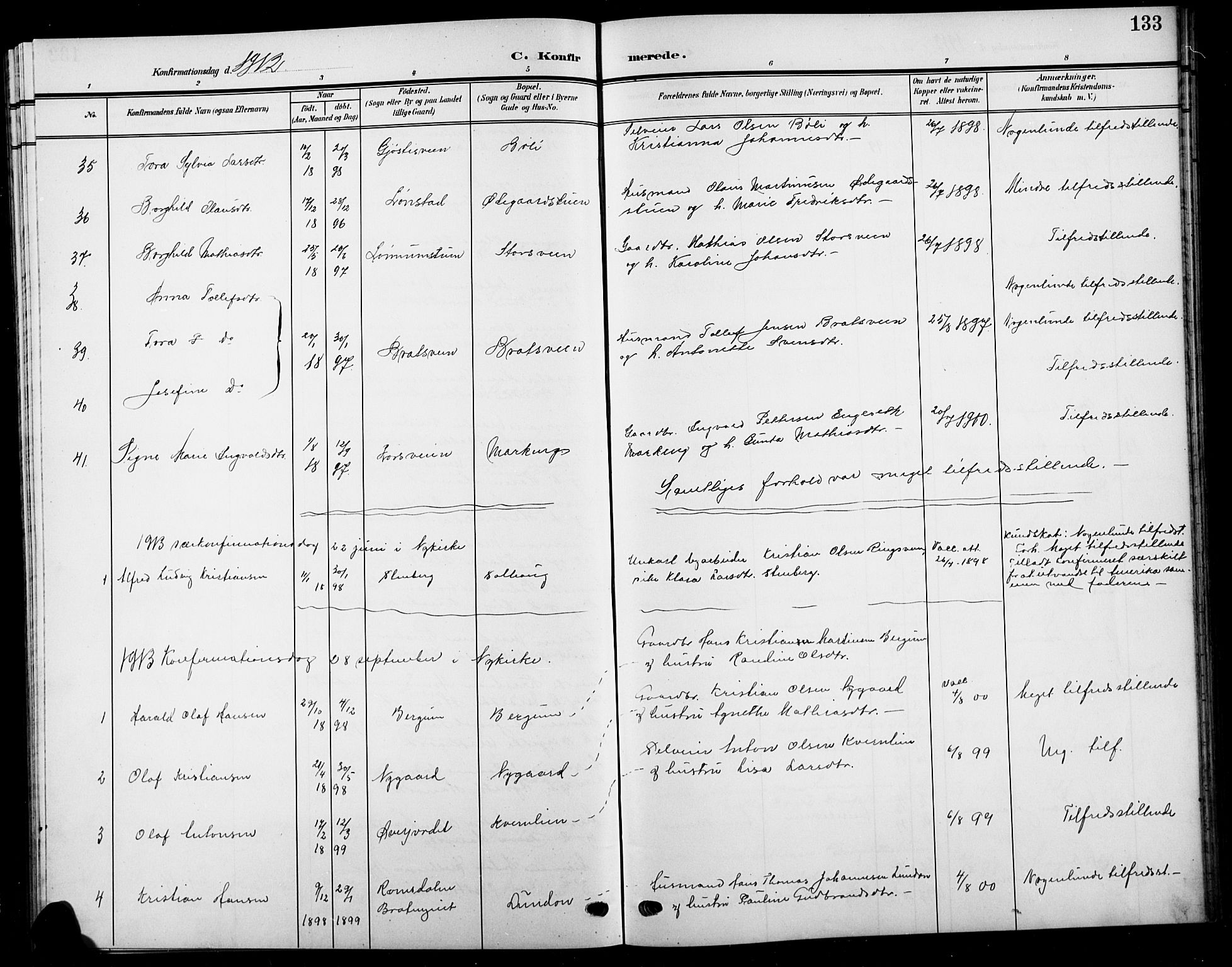 Biri prestekontor, AV/SAH-PREST-096/H/Ha/Hab/L0005: Parish register (copy) no. 5, 1906-1919, p. 133