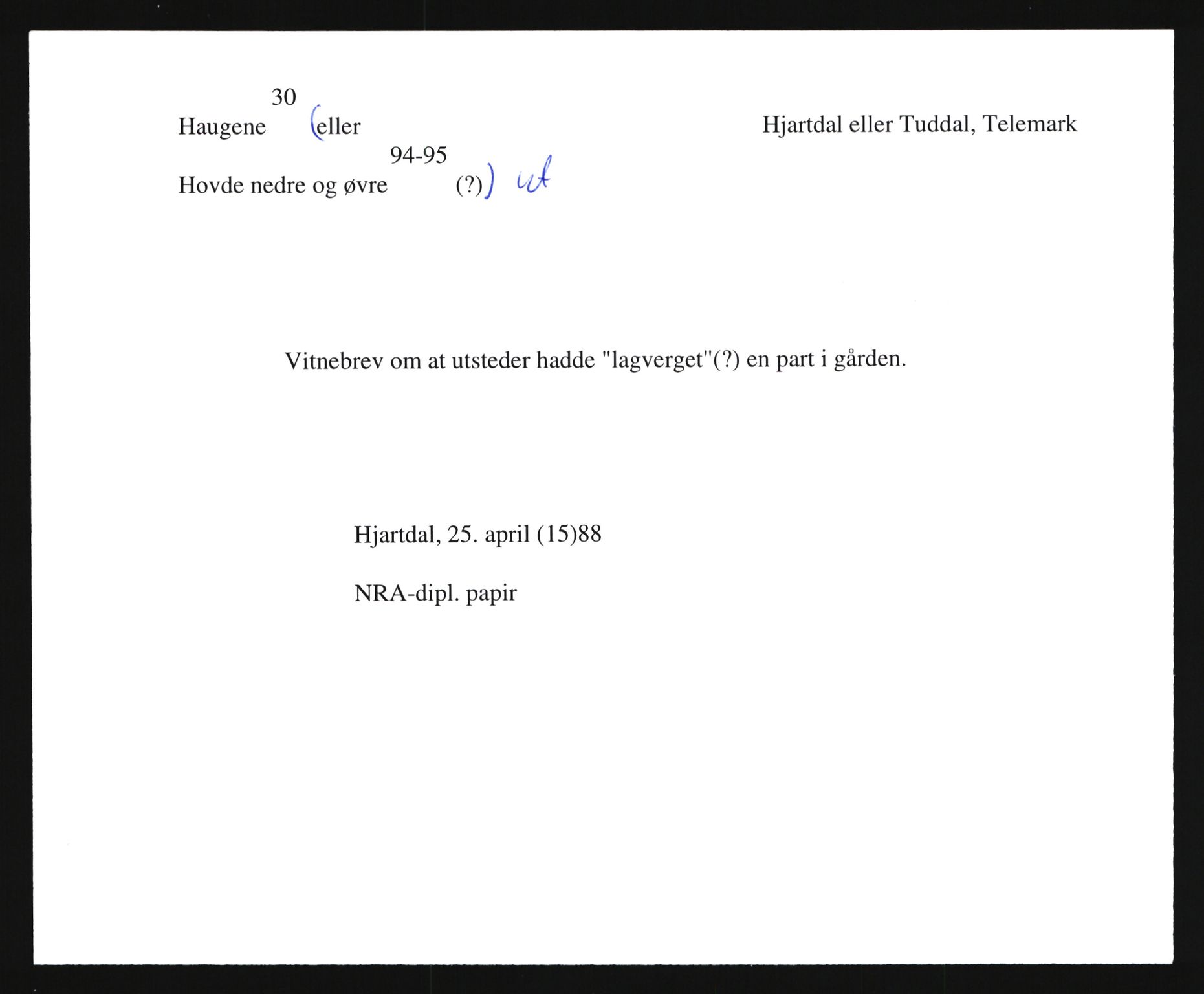 Riksarkivets diplomsamling, AV/RA-EA-5965/F35/F35e/L0021: Registreringssedler Telemark 2, 1400-1700, p. 291