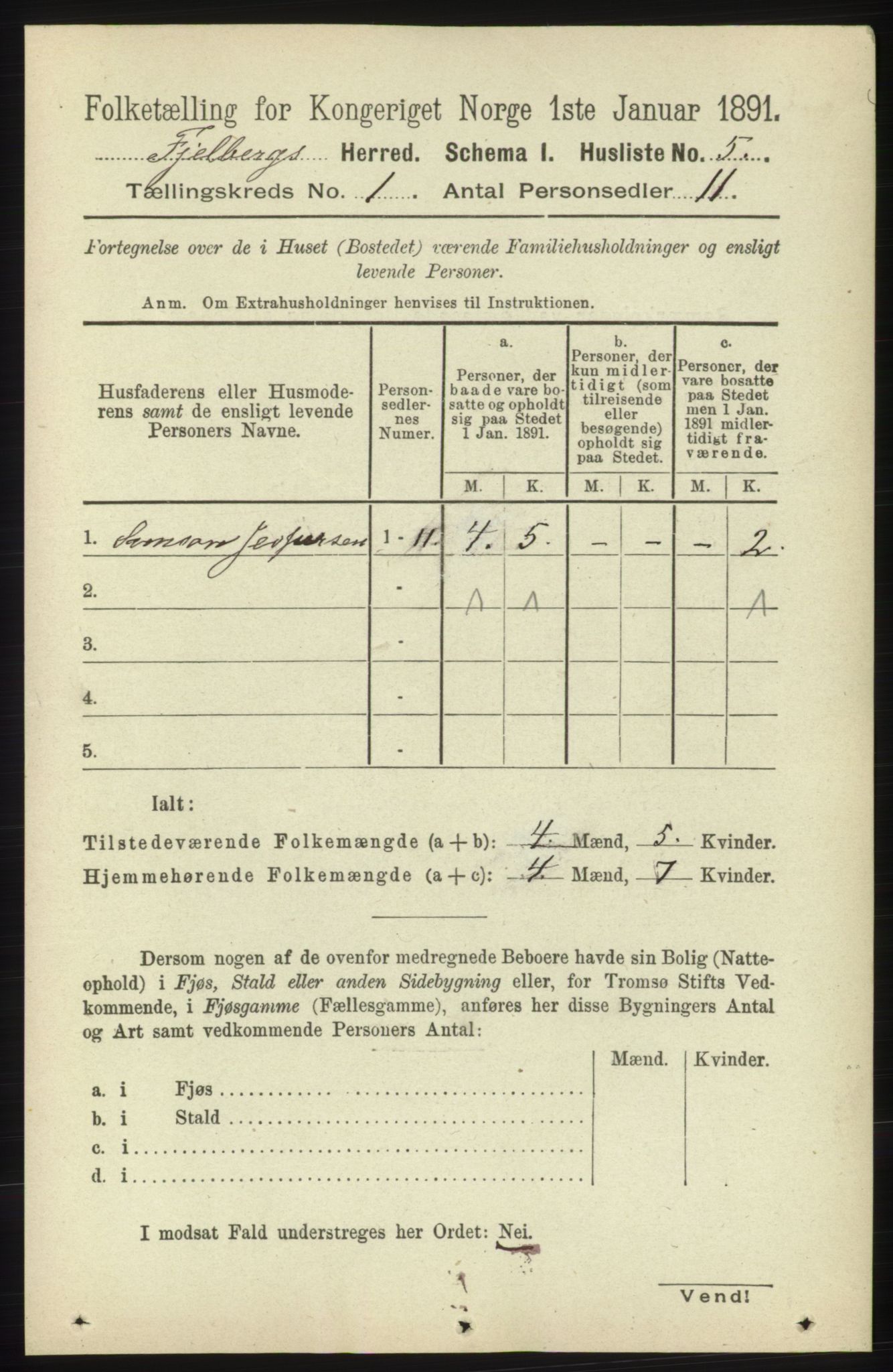 RA, 1891 census for 1213 Fjelberg, 1891, p. 33