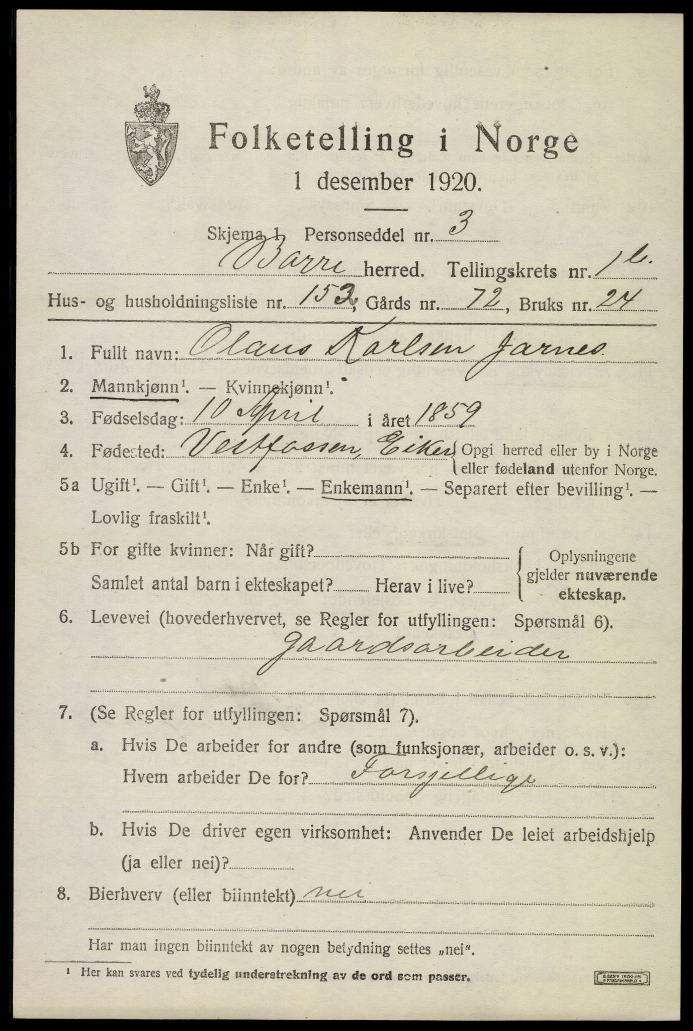 SAKO, 1920 census for Borre, 1920, p. 4174