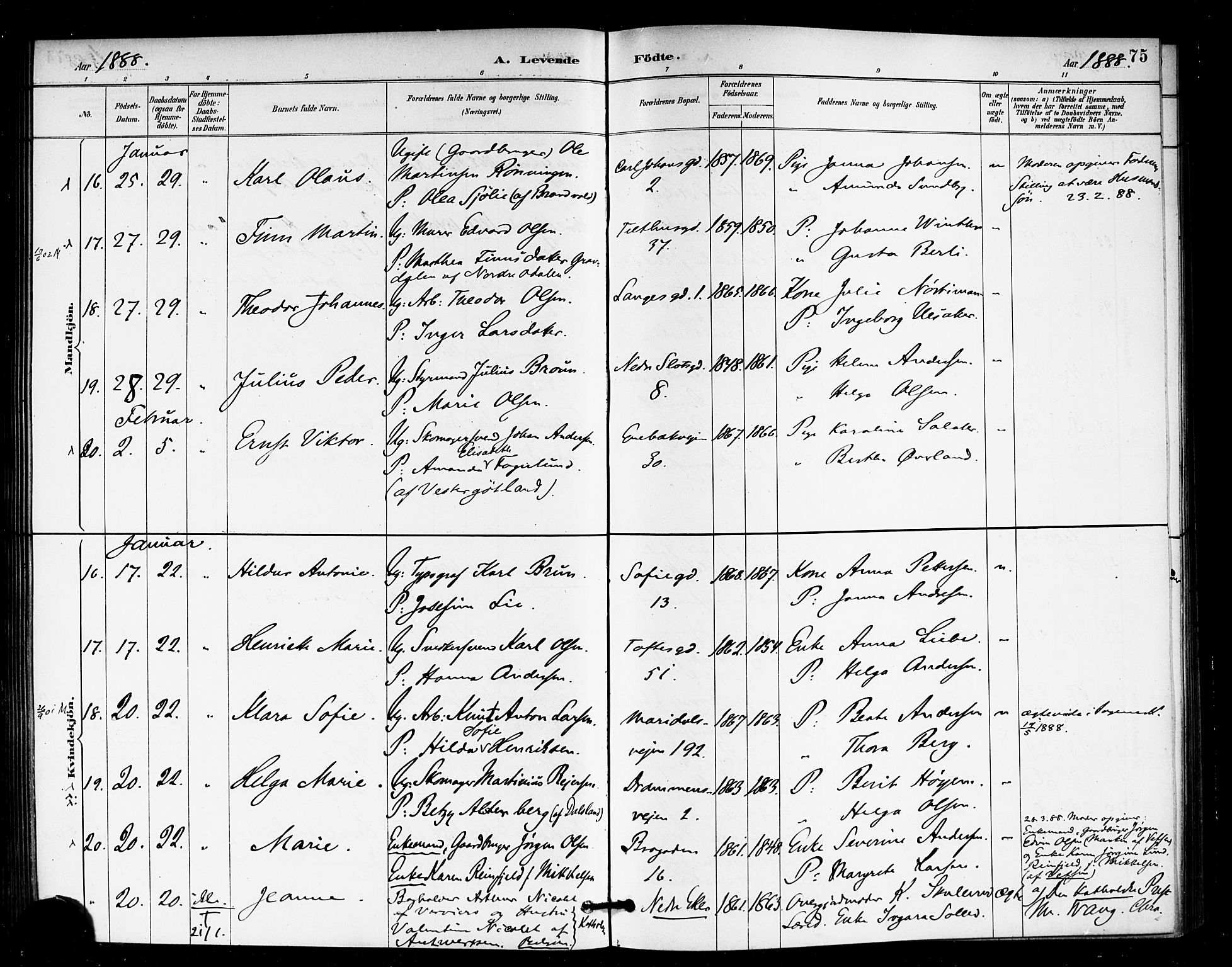 Rikshospitalet prestekontor Kirkebøker, SAO/A-10309b/F/L0007: Parish register (official) no. 7, 1885-1890, p. 75