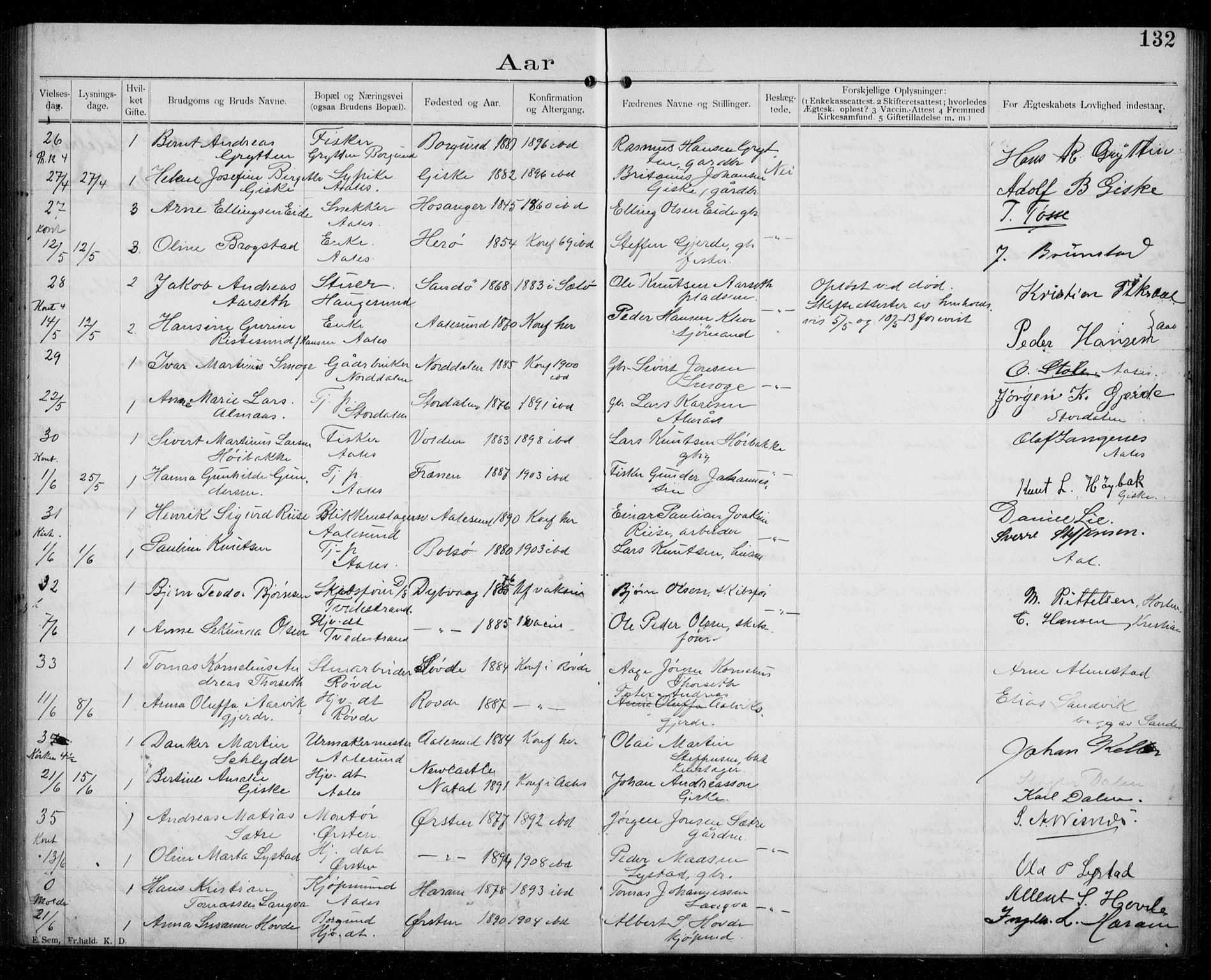 Ministerialprotokoller, klokkerbøker og fødselsregistre - Møre og Romsdal, AV/SAT-A-1454/529/L0458: Banns register no. 529A08, 1901-1918, p. 132