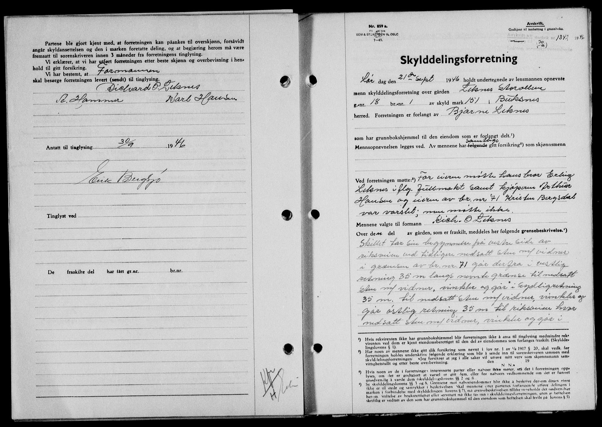 Lofoten sorenskriveri, SAT/A-0017/1/2/2C/L0014a: Mortgage book no. 14a, 1946-1946, Diary no: : 1342/1946