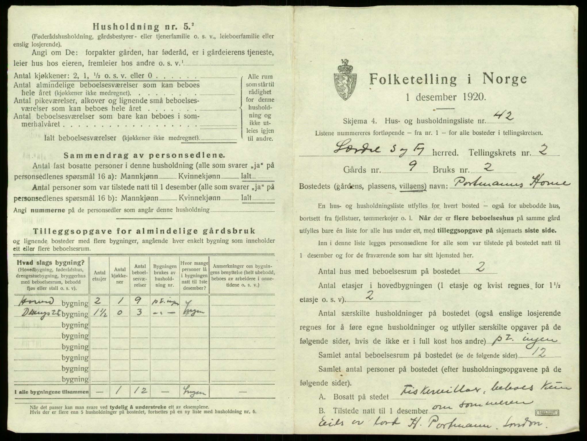 SAB, 1920 census for Lærdal, 1920, p. 212