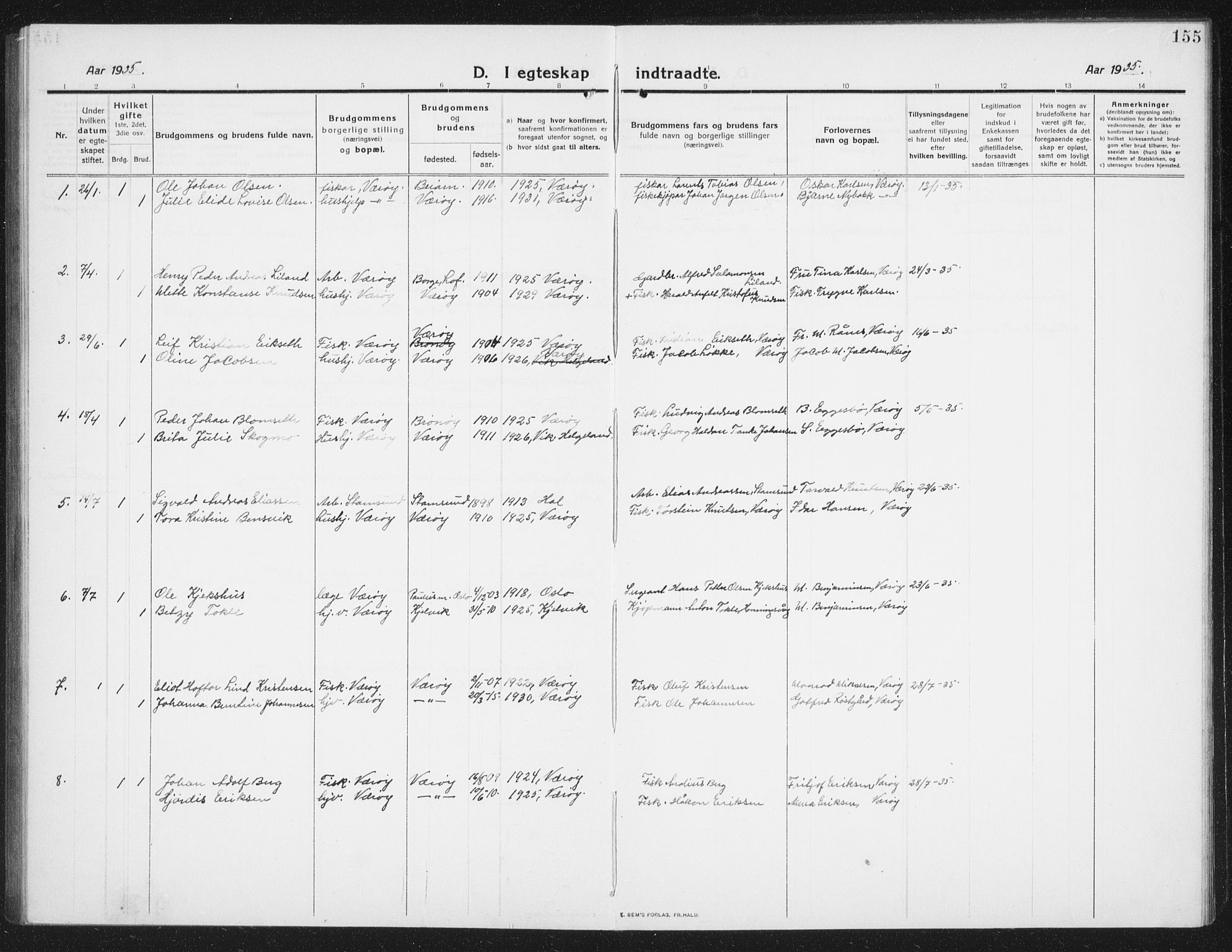 Ministerialprotokoller, klokkerbøker og fødselsregistre - Nordland, AV/SAT-A-1459/807/L0124: Parish register (copy) no. 807C02, 1910-1935, p. 155