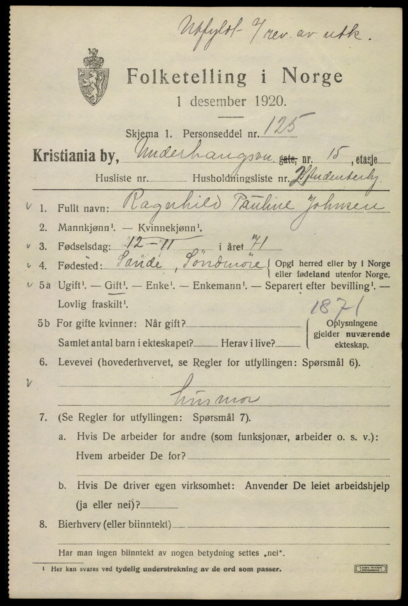 SAO, 1920 census for Kristiania, 1920, p. 618069