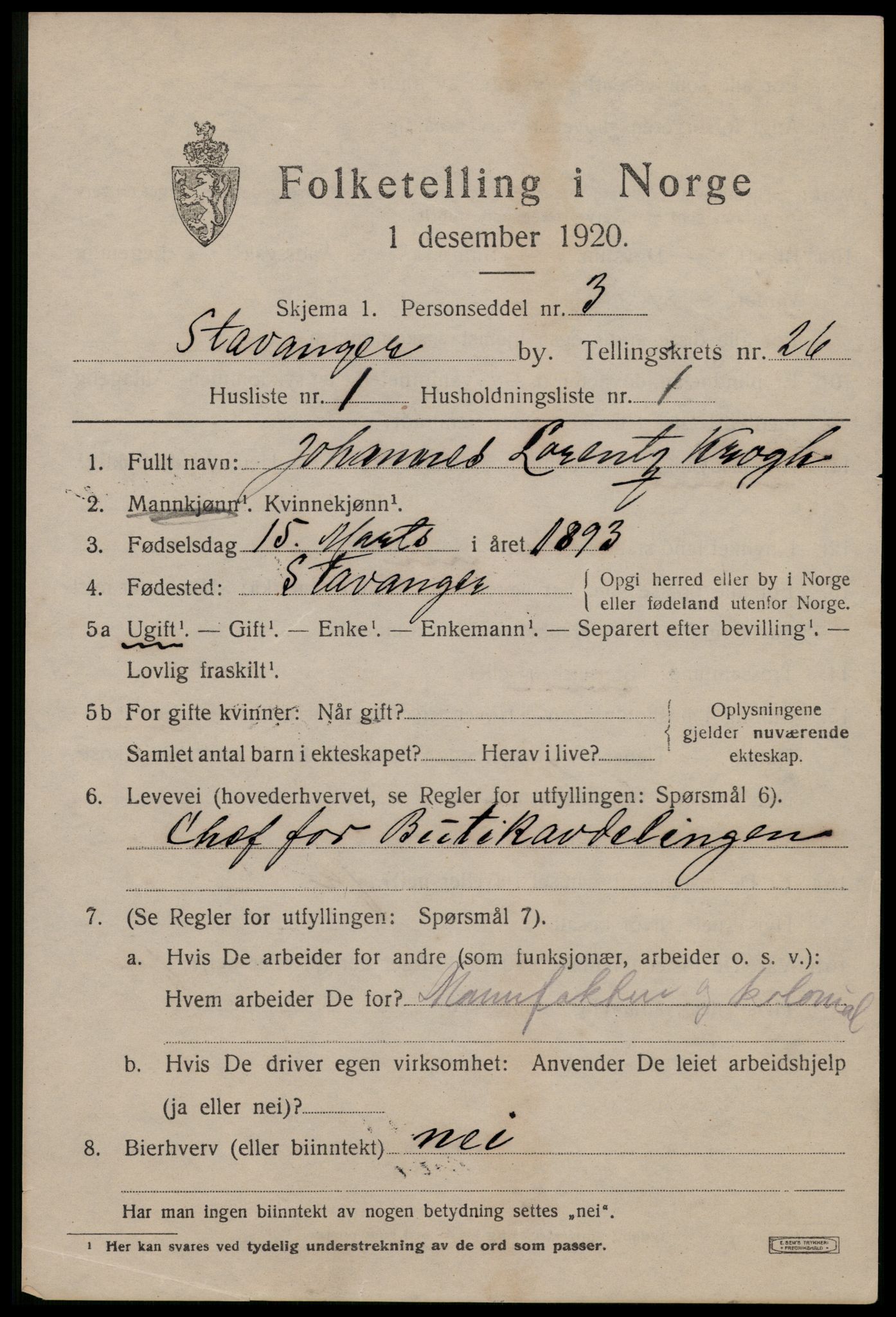 SAST, 1920 census for Stavanger, 1920, p. 77784