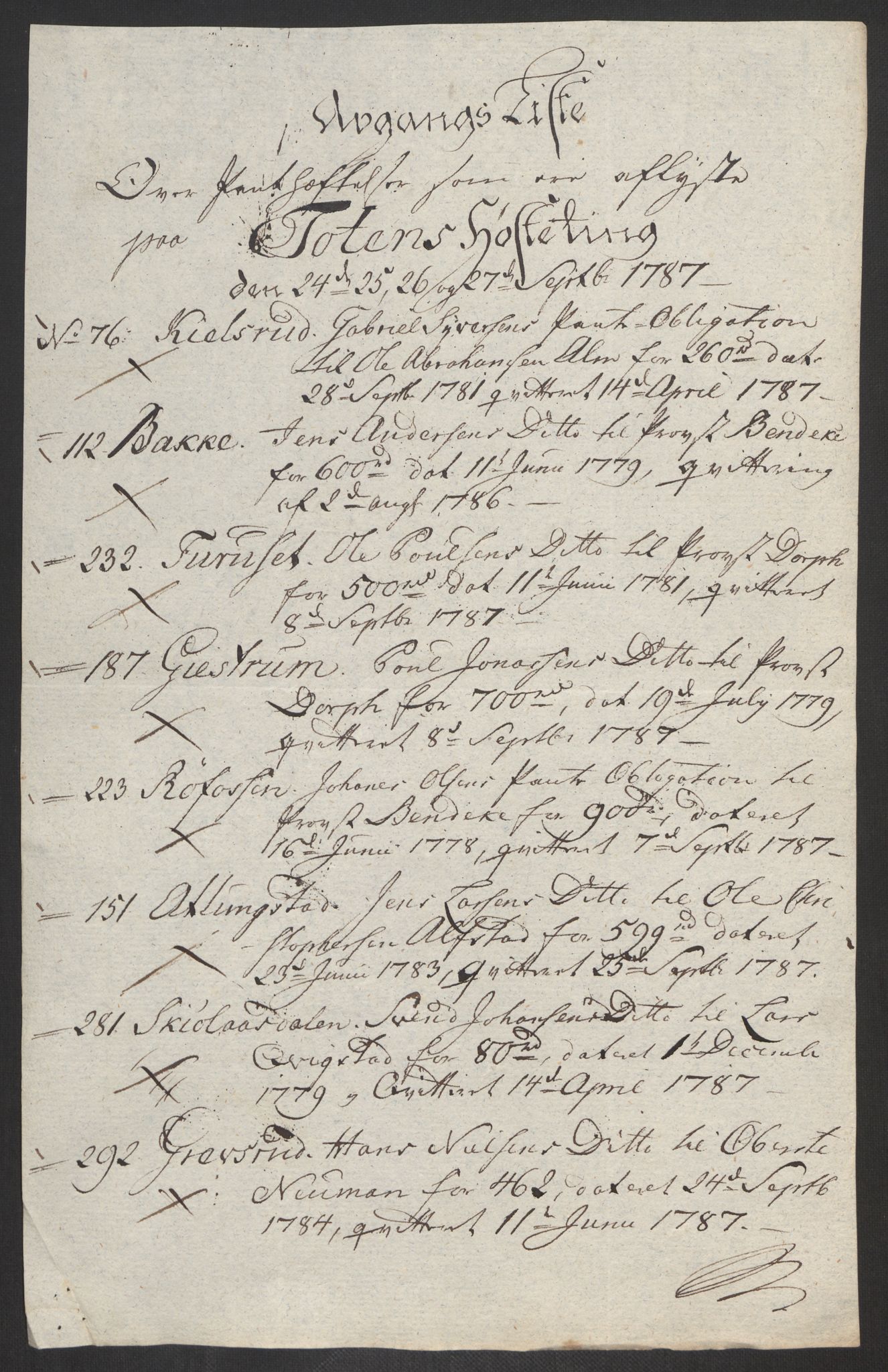 Rentekammeret inntil 1814, Reviderte regnskaper, Fogderegnskap, AV/RA-EA-4092/R19/L1374: Fogderegnskap Toten, Hadeland og Vardal, 1787, p. 354