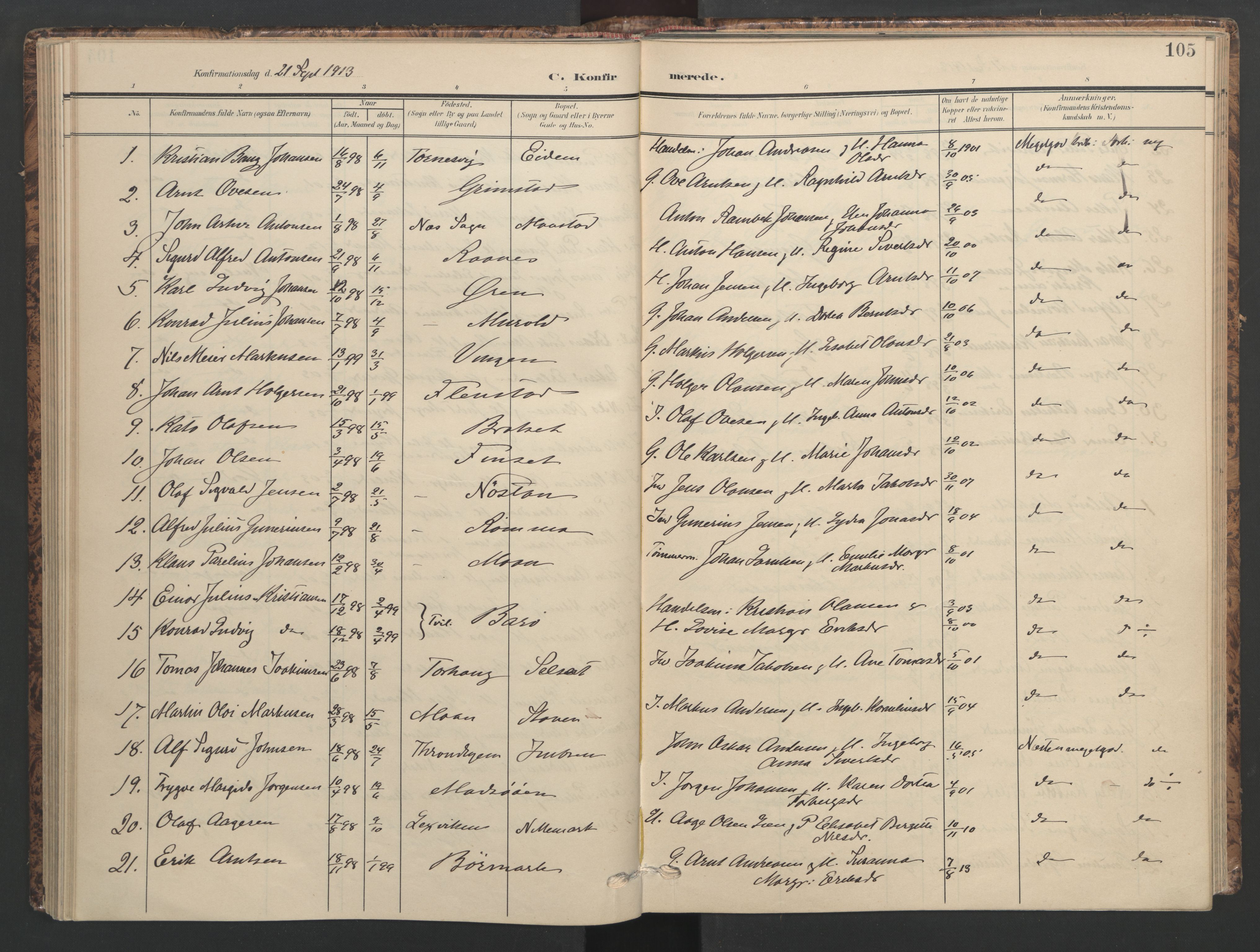 Ministerialprotokoller, klokkerbøker og fødselsregistre - Sør-Trøndelag, SAT/A-1456/655/L0682: Parish register (official) no. 655A11, 1908-1922, p. 105