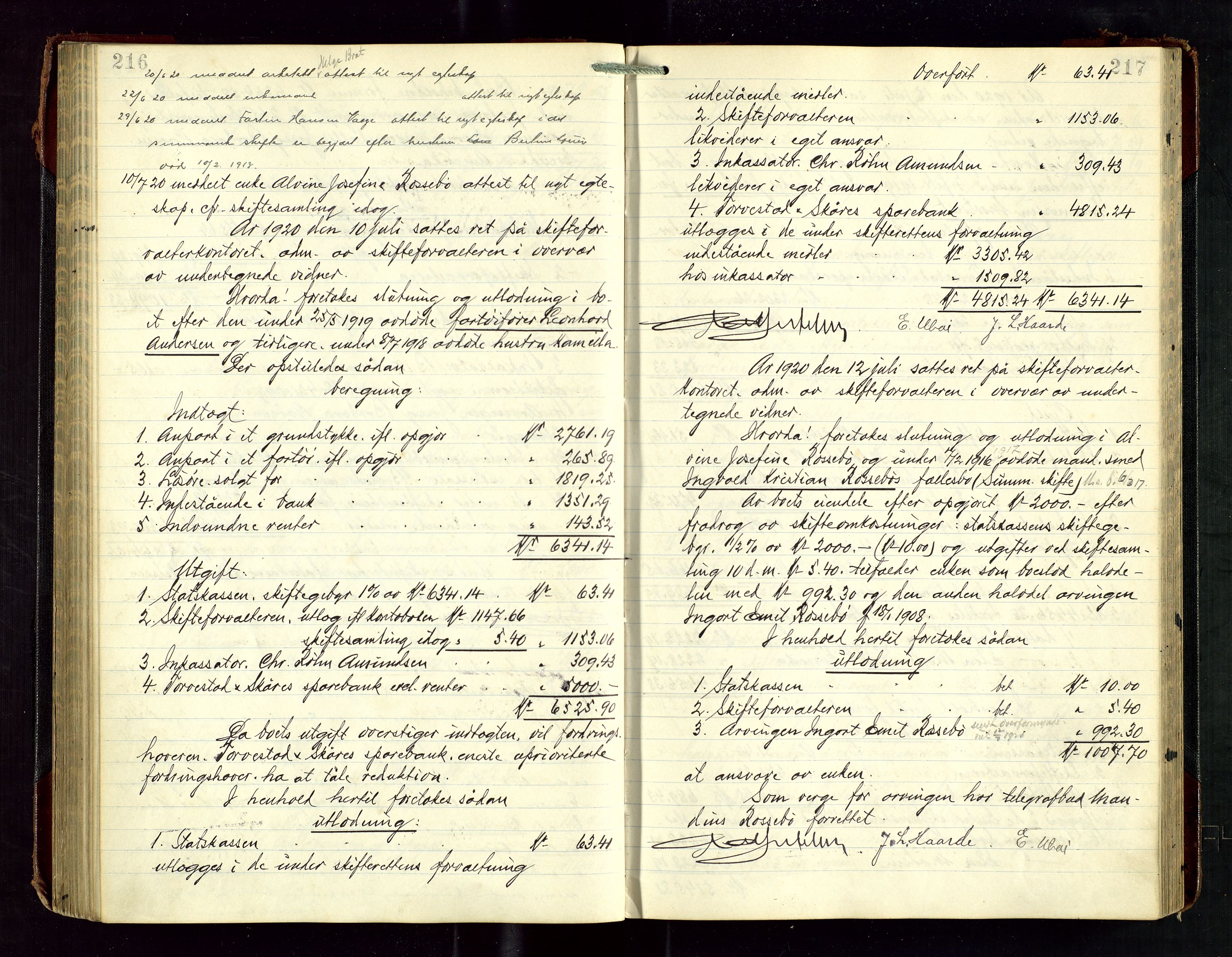 Haugesund tingrett, AV/SAST-A-101415/01/IV/IVD/L0003: Skifteutlodningsprotokoll, med register, 1915-1924, p. 216-217