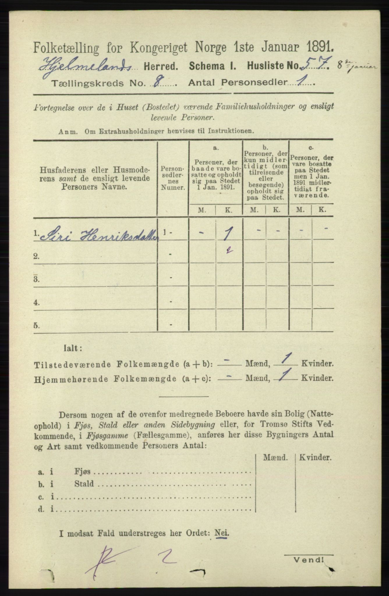 RA, 1891 census for 1133 Hjelmeland, 1891, p. 2467