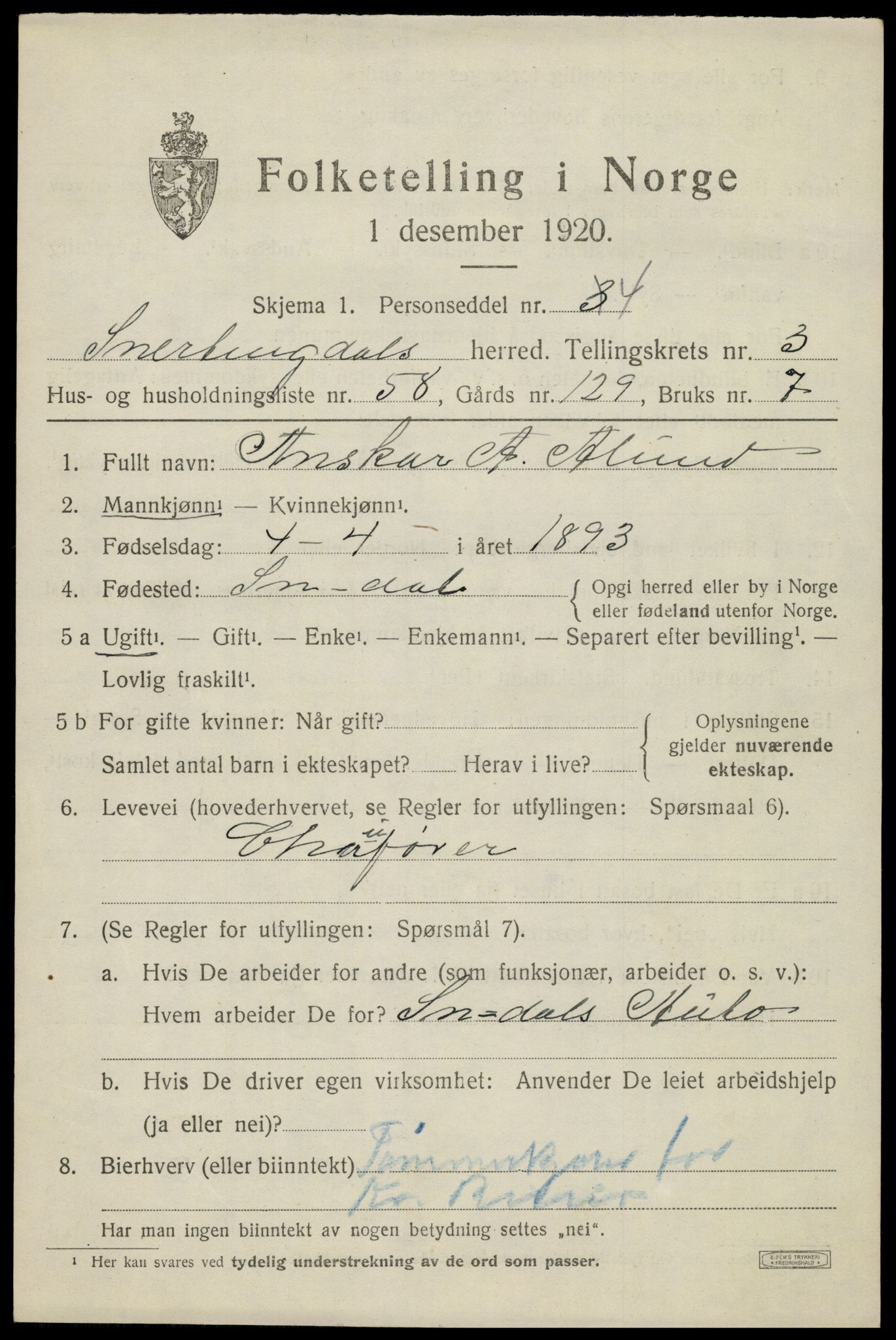 SAH, 1920 census for Snertingdal, 1920, p. 3345