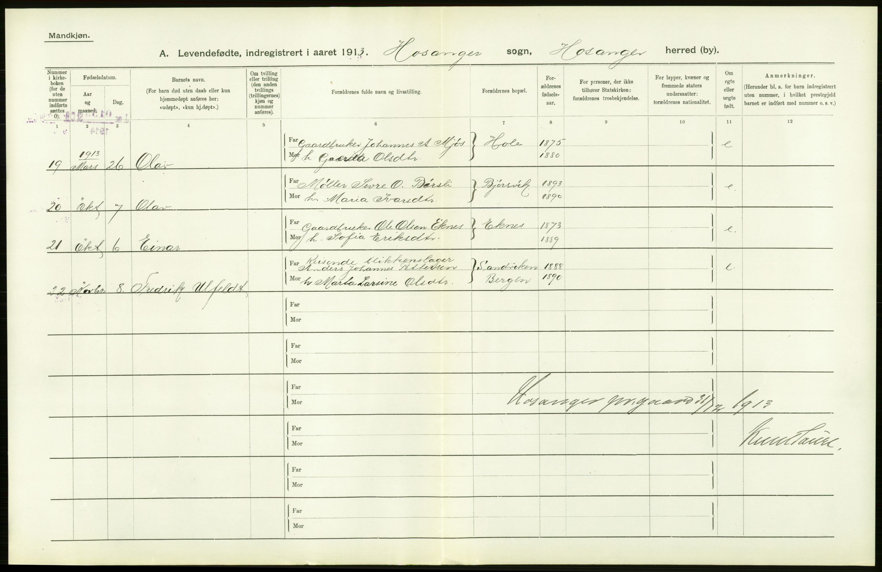 Statistisk sentralbyrå, Sosiodemografiske emner, Befolkning, RA/S-2228/D/Df/Dfb/Dfbc/L0028: S. Bergenhus amt: Levendefødte menn og kvinner. Bygder., 1913