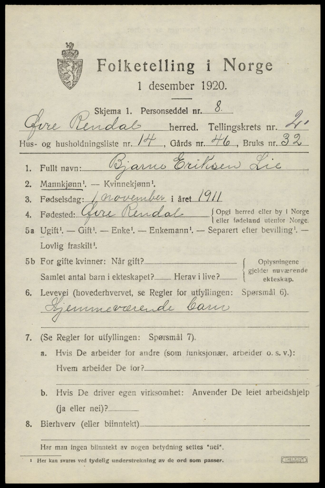 SAH, 1920 census for Øvre Rendal, 1920, p. 1071