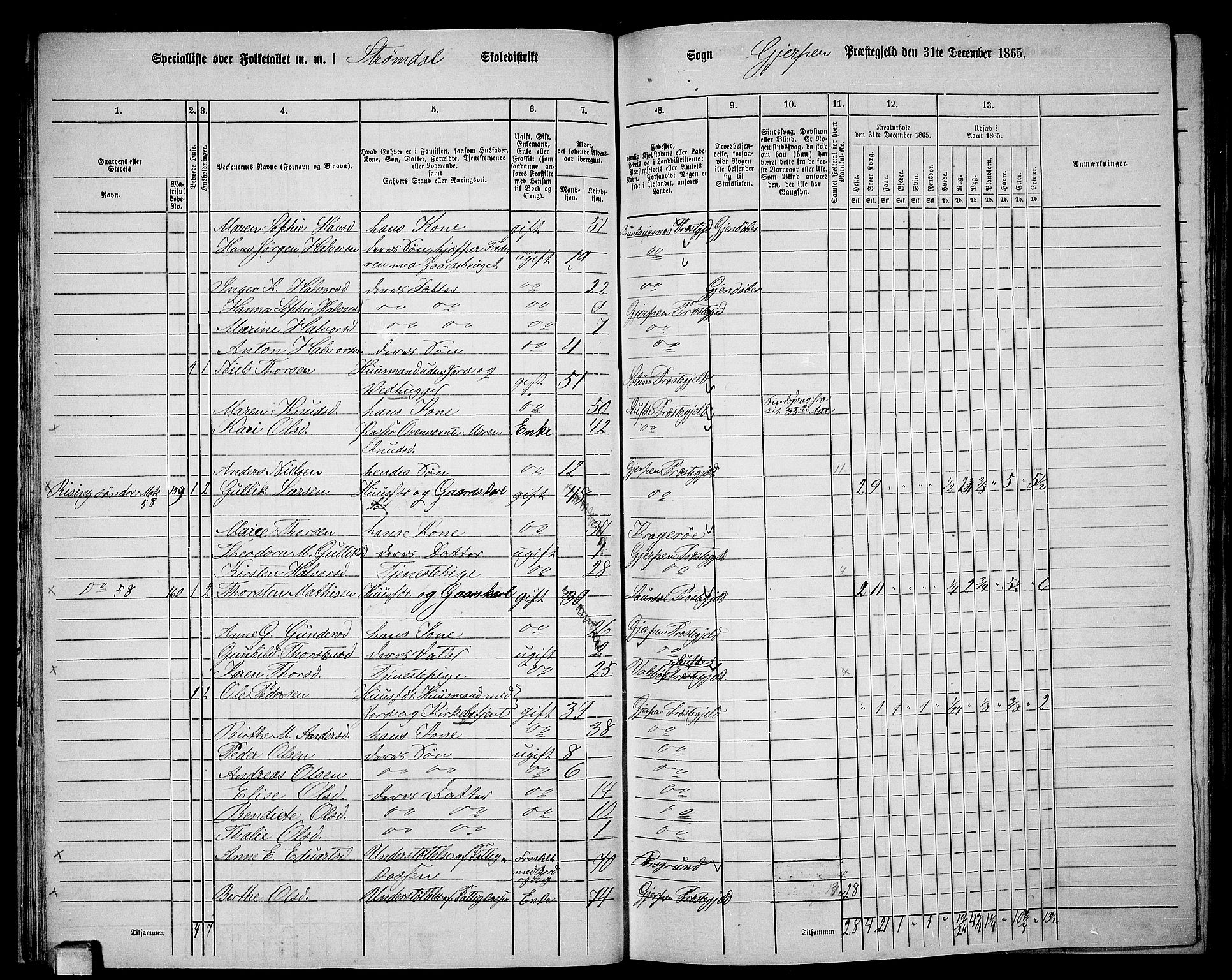 RA, 1865 census for Gjerpen, 1865, p. 39