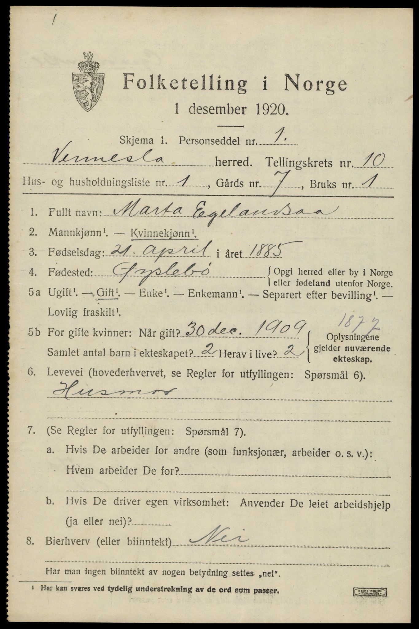 SAK, 1920 census for Vennesla, 1920, p. 6720