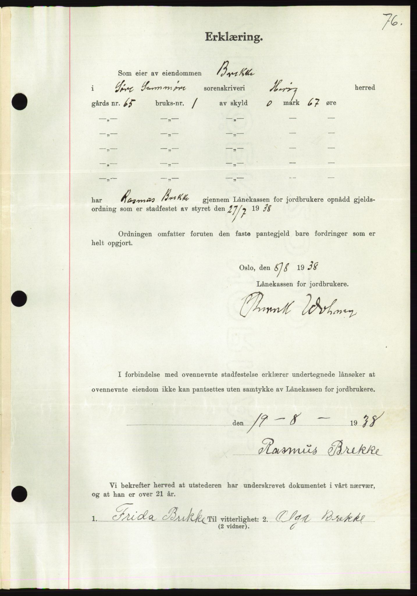 Søre Sunnmøre sorenskriveri, AV/SAT-A-4122/1/2/2C/L0066: Mortgage book no. 60, 1938-1938, Diary no: : 1162/1938