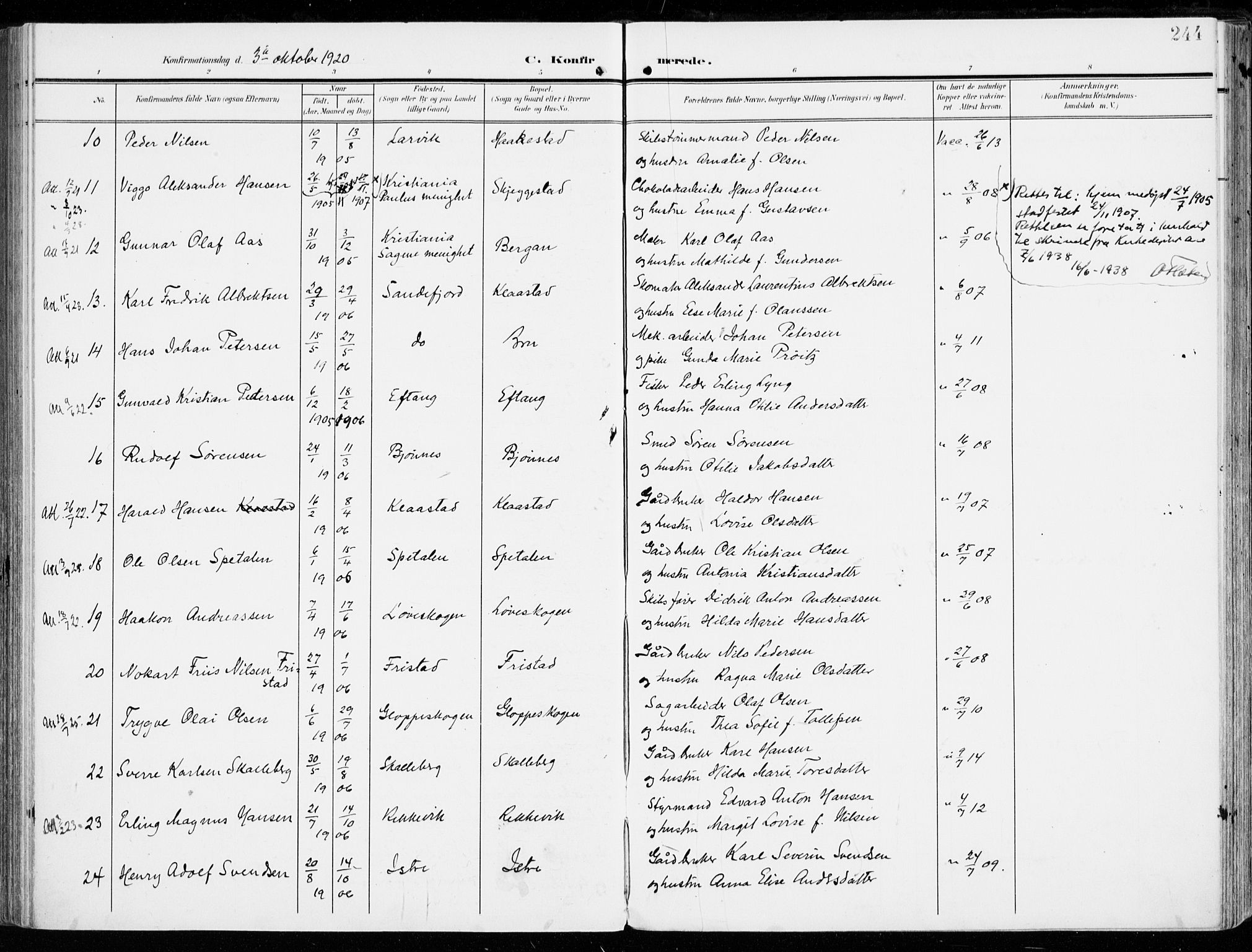 Tjølling kirkebøker, AV/SAKO-A-60/F/Fa/L0010: Parish register (official) no. 10, 1906-1923, p. 244