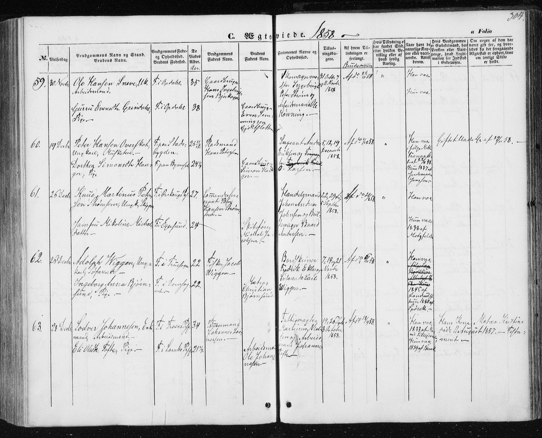 Ministerialprotokoller, klokkerbøker og fødselsregistre - Sør-Trøndelag, SAT/A-1456/602/L0112: Parish register (official) no. 602A10, 1848-1859, p. 304