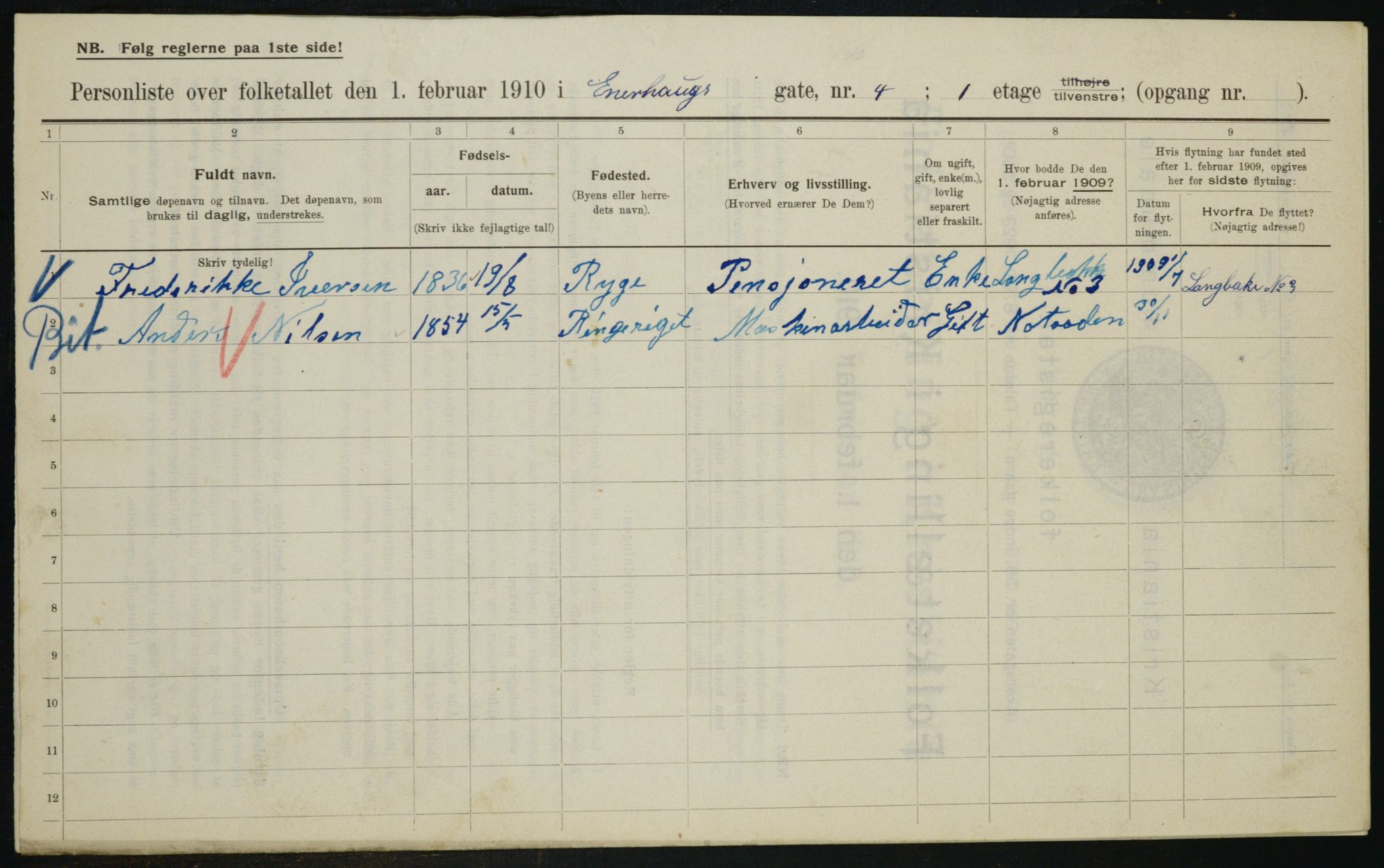 OBA, Municipal Census 1910 for Kristiania, 1910, p. 19697