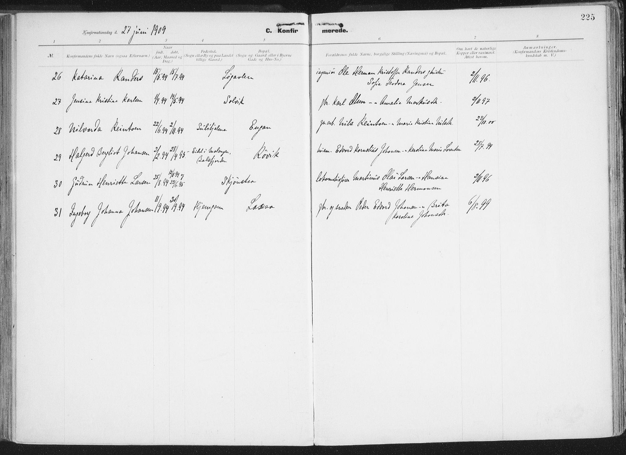 Ministerialprotokoller, klokkerbøker og fødselsregistre - Nordland, AV/SAT-A-1459/849/L0696: Parish register (official) no. 849A08, 1898-1910, p. 225