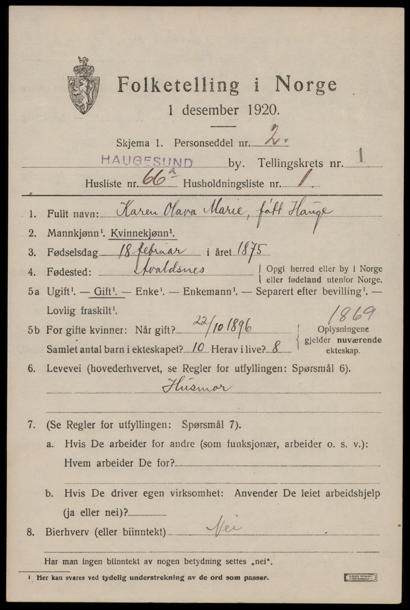 SAST, 1920 census for Haugesund, 1920, p. 12521