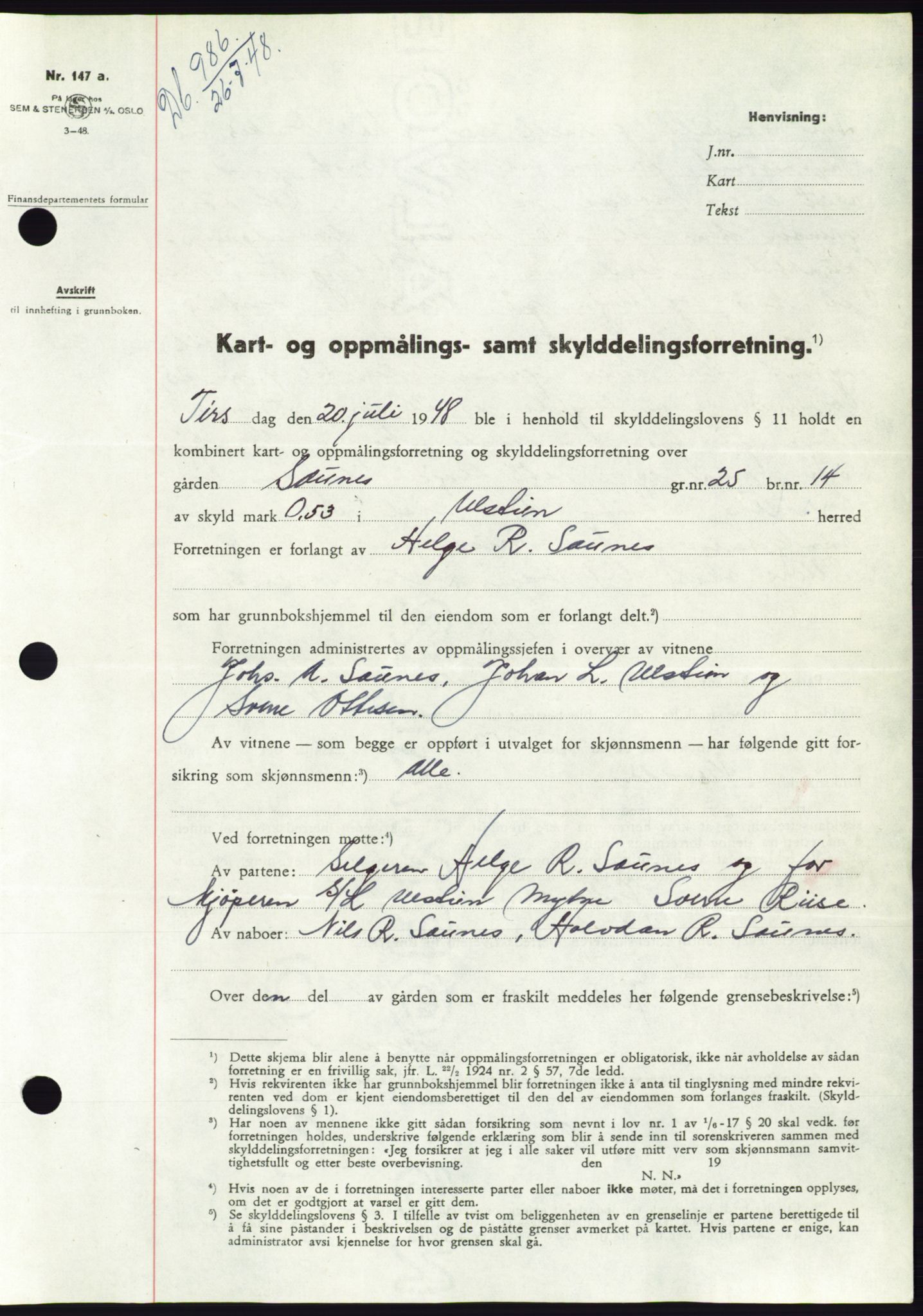 Søre Sunnmøre sorenskriveri, AV/SAT-A-4122/1/2/2C/L0082: Mortgage book no. 8A, 1948-1948, Diary no: : 986/1948