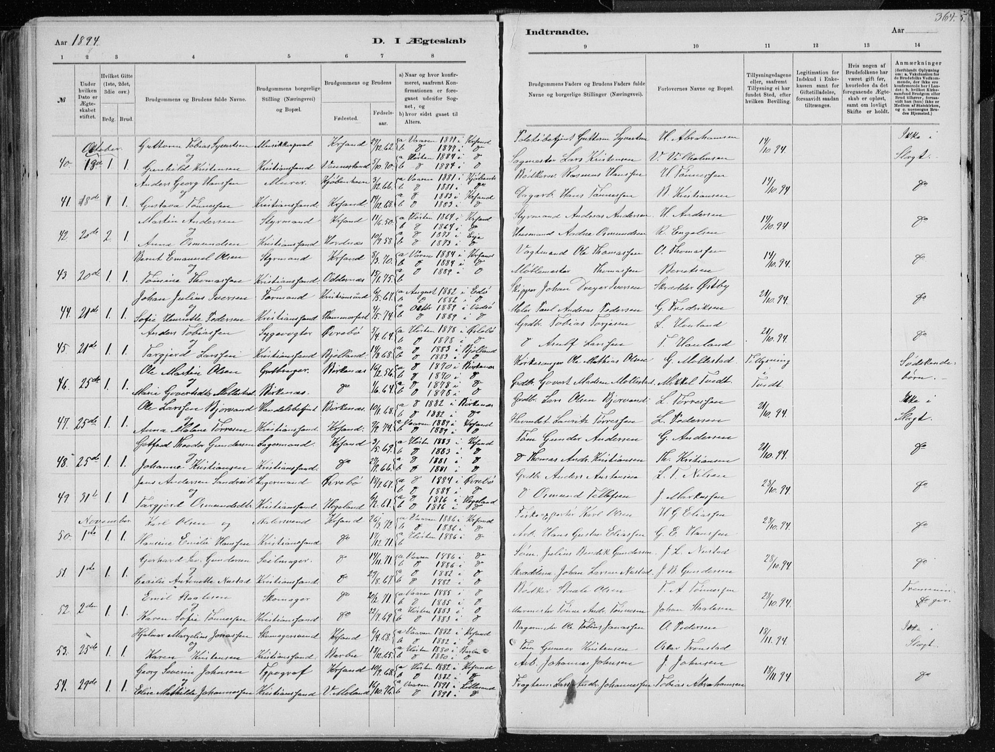 Kristiansand domprosti, SAK/1112-0006/F/Fb/L0014: Parish register (copy) no. B 14, 1881-1896, p. 364