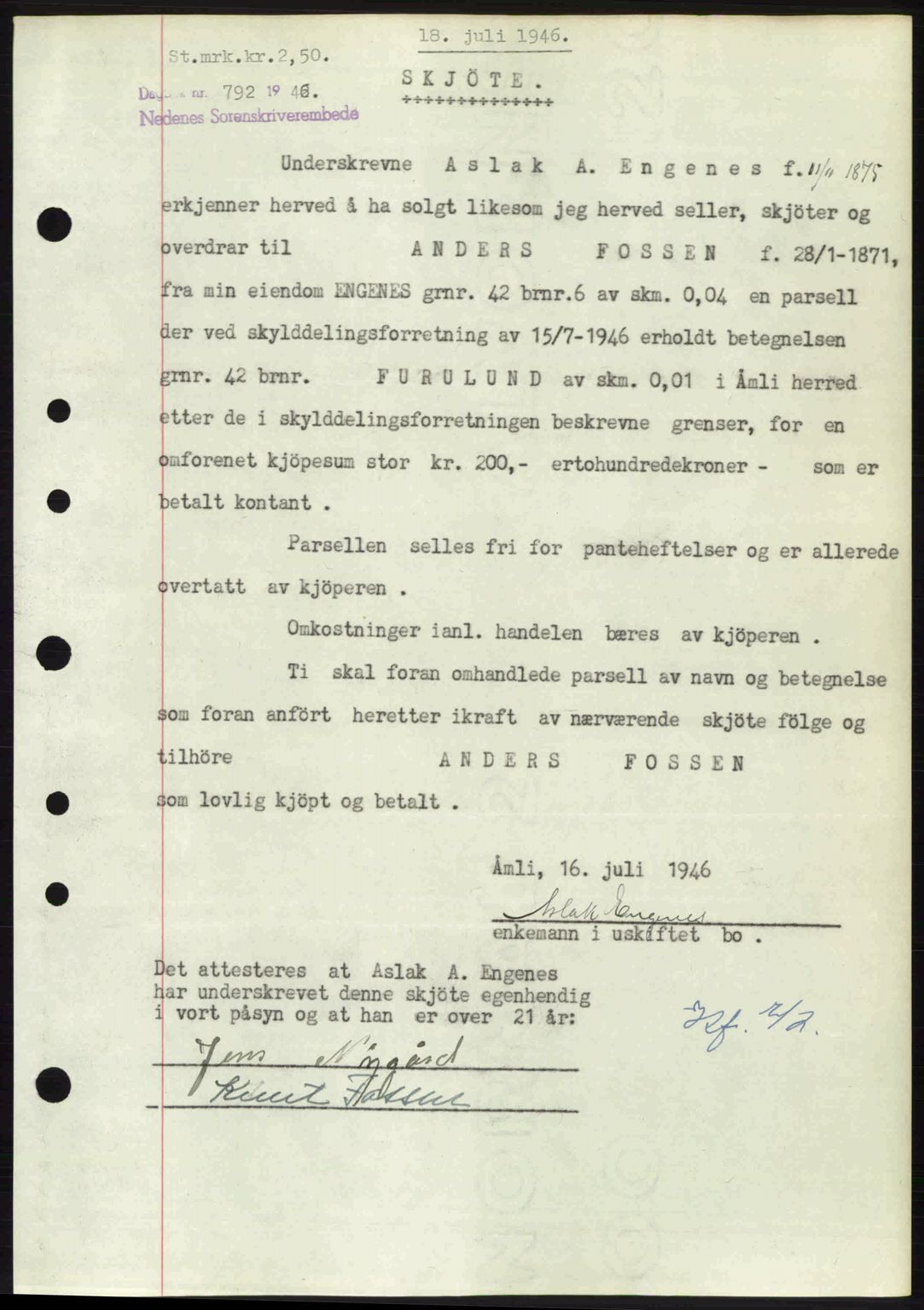 Nedenes sorenskriveri, SAK/1221-0006/G/Gb/Gba/L0055: Mortgage book no. A7, 1946-1946, Diary no: : 792/1946