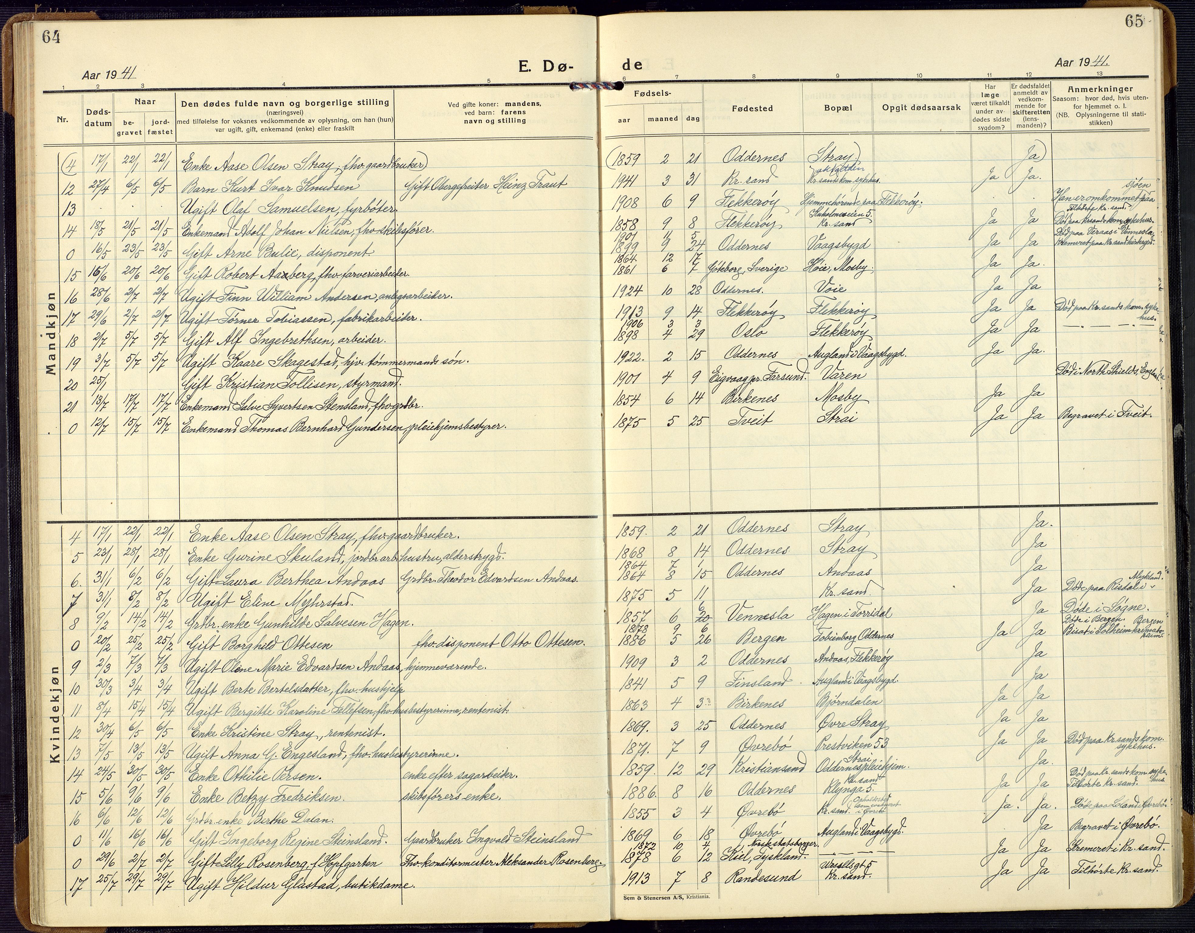 Oddernes sokneprestkontor, AV/SAK-1111-0033/F/Fb/Fba/L0011: Parish register (copy) no. B 11, 1923-1969, p. 64-65