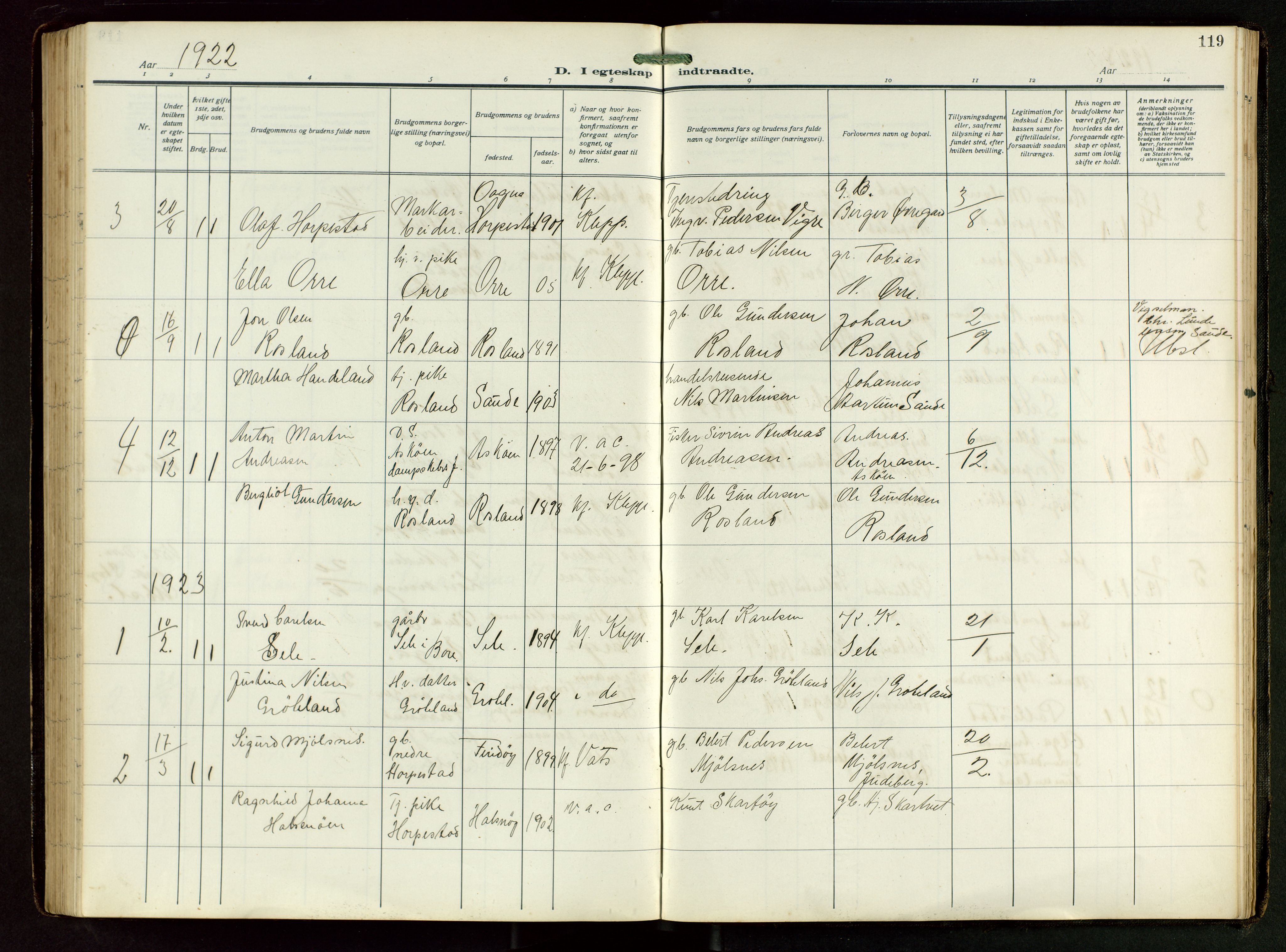 Klepp sokneprestkontor, SAST/A-101803/001/3/30BB/L0008: Parish register (copy) no. B 8, 1918-1949, p. 119