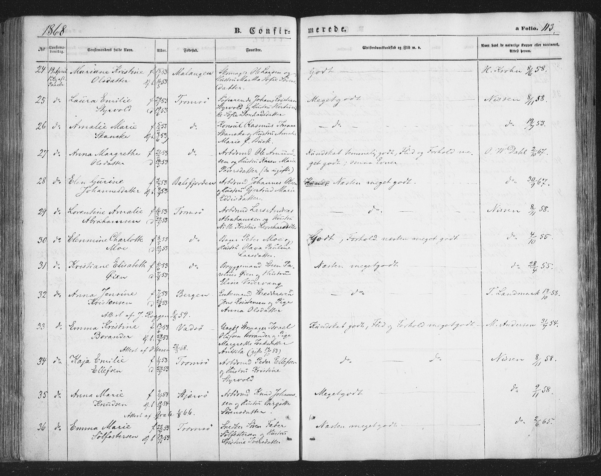 Tromsø sokneprestkontor/stiftsprosti/domprosti, AV/SATØ-S-1343/G/Ga/L0012kirke: Parish register (official) no. 12, 1865-1871, p. 113