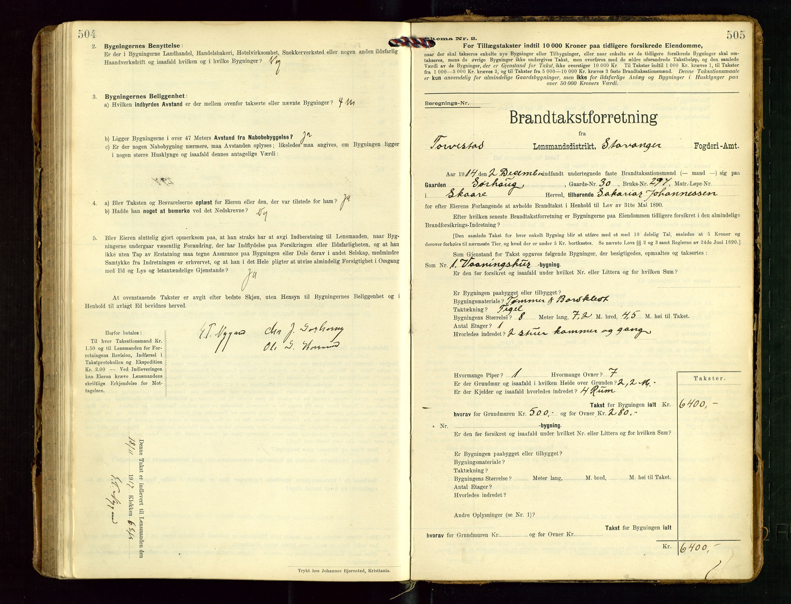 Torvestad lensmannskontor, SAST/A-100307/1/Gob/L0004: "Brandtaxationsprotokol for Torvestad Lensmannsdistrikt", 1909-1923, p. 504-505