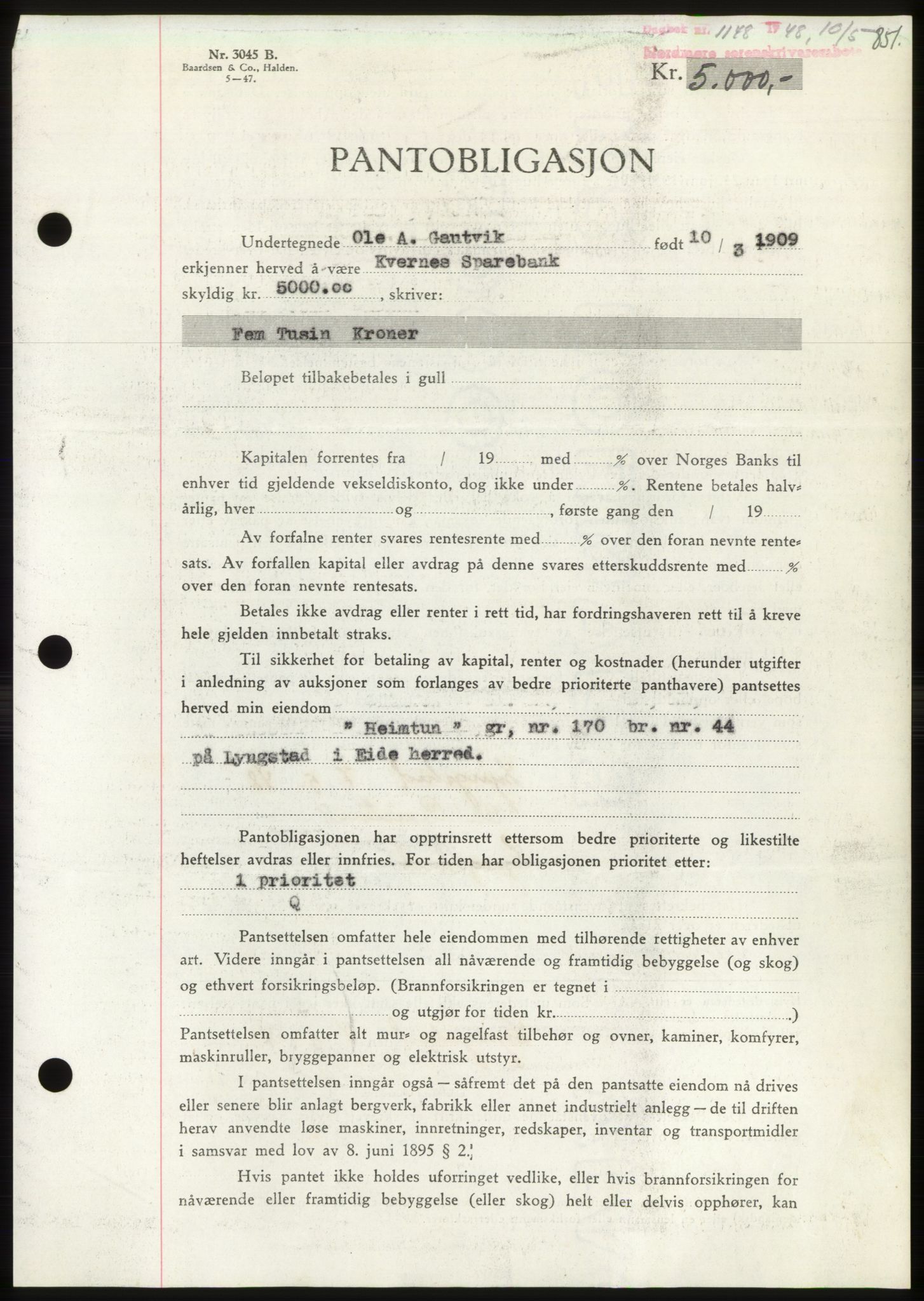 Nordmøre sorenskriveri, AV/SAT-A-4132/1/2/2Ca: Mortgage book no. B98, 1948-1948, Diary no: : 1148/1948