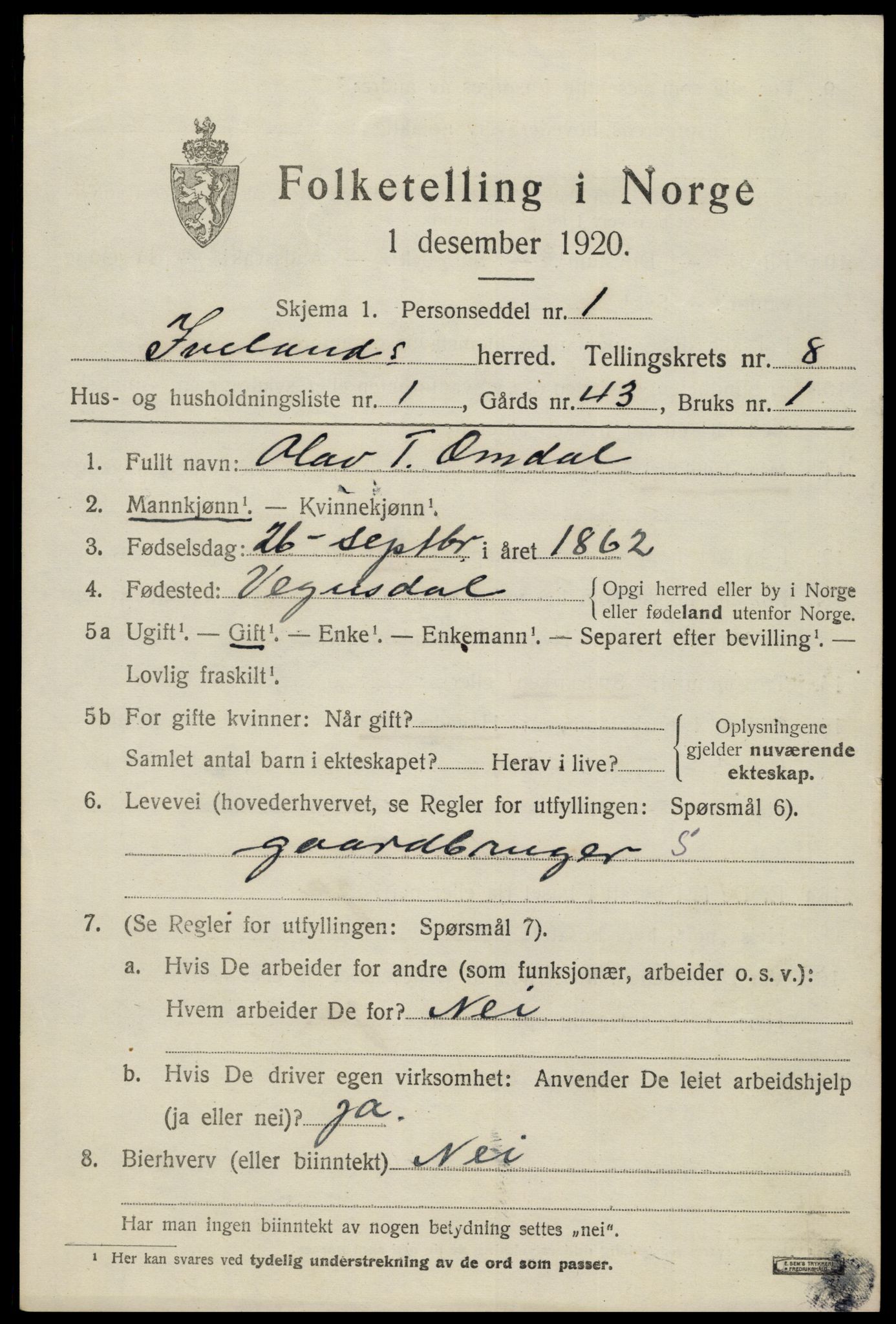 SAK, 1920 census for Iveland, 1920, p. 2289