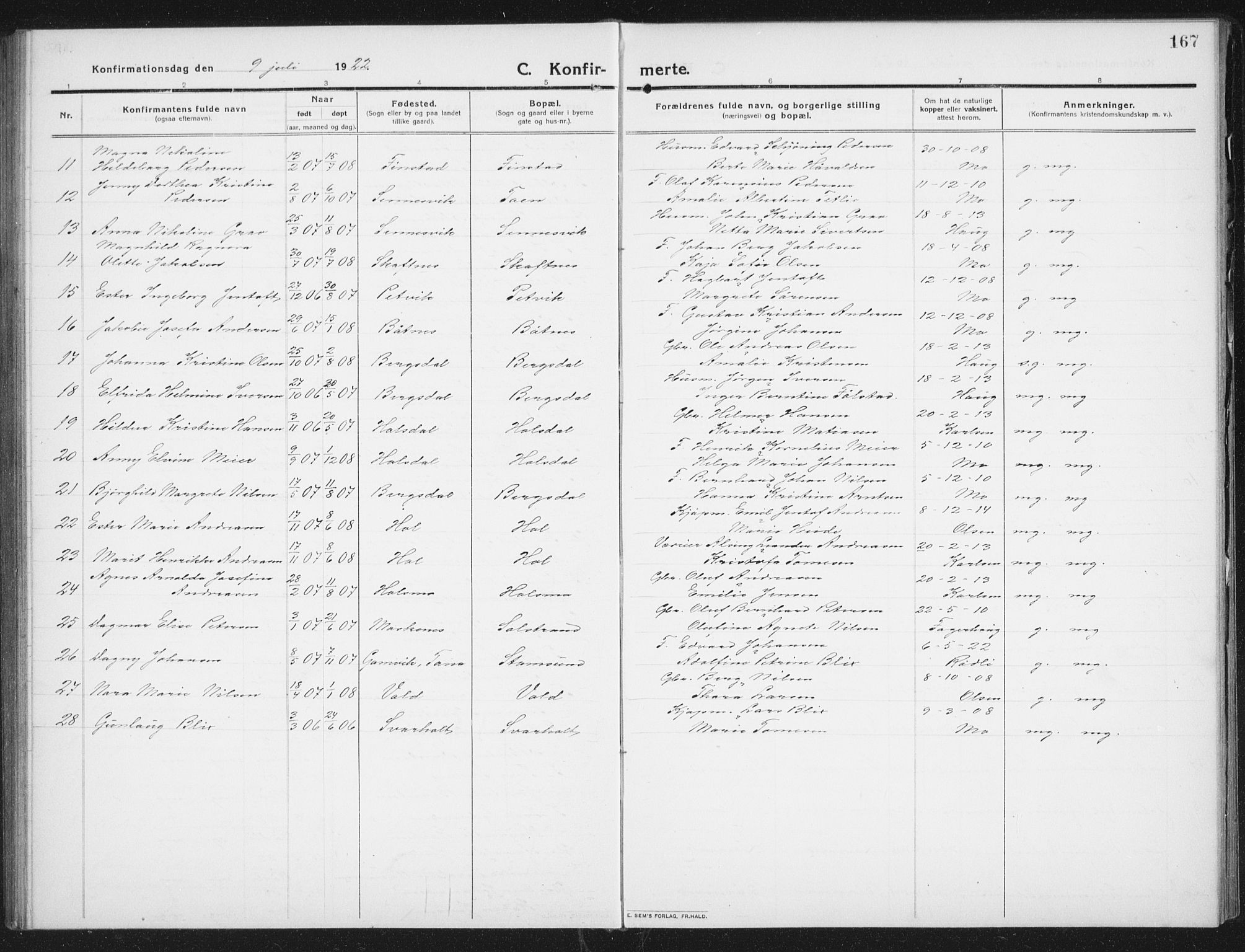 Ministerialprotokoller, klokkerbøker og fødselsregistre - Nordland, SAT/A-1459/882/L1183: Parish register (copy) no. 882C01, 1911-1938, p. 167