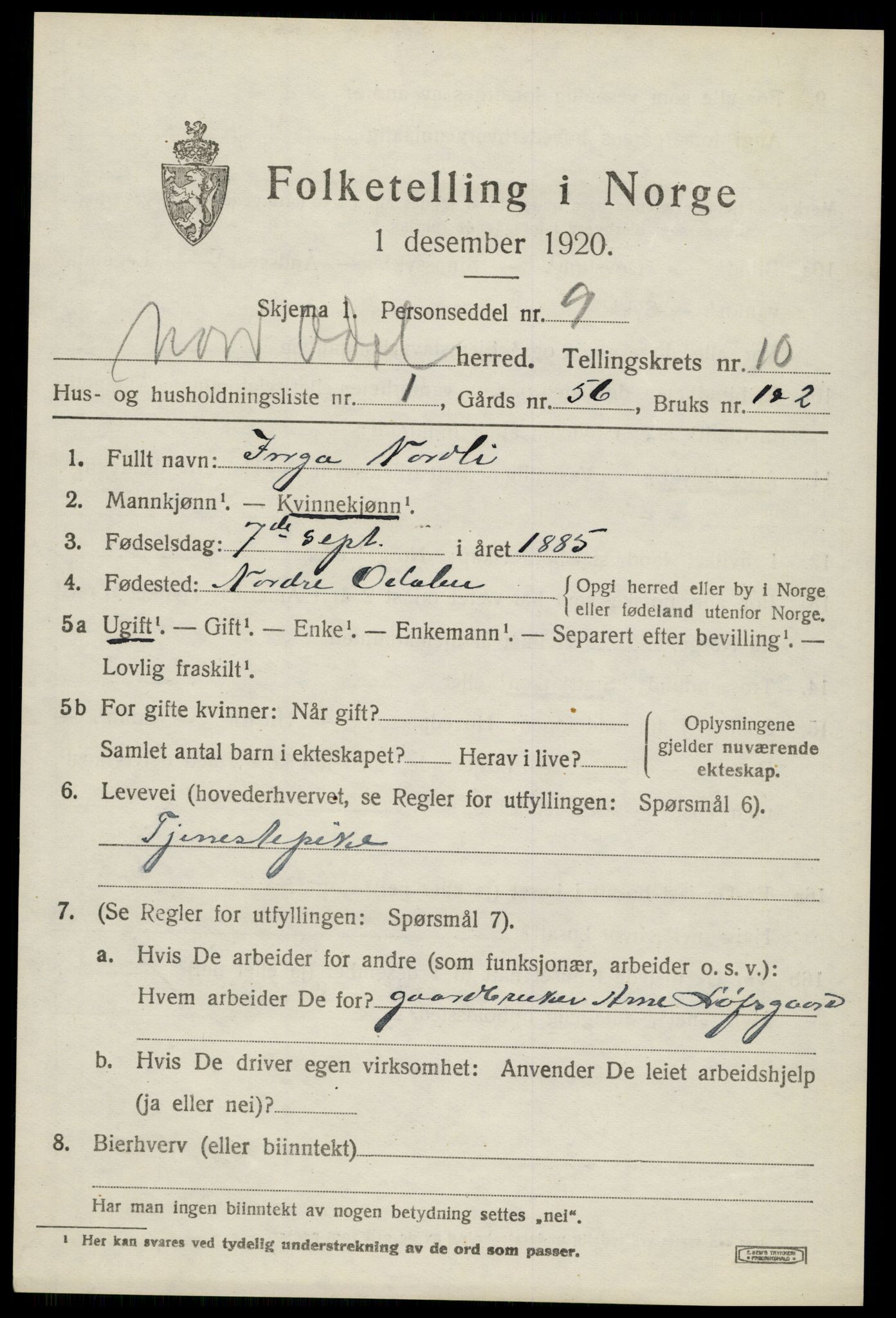 SAH, 1920 census for Nord-Odal, 1920, p. 10889