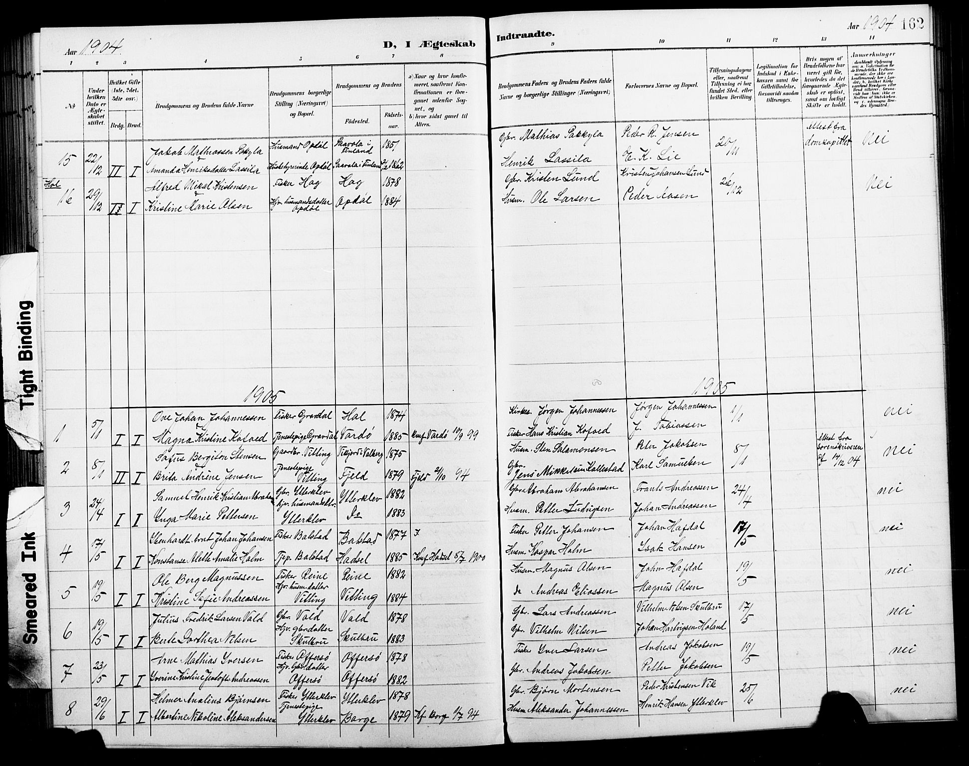 Ministerialprotokoller, klokkerbøker og fødselsregistre - Nordland, AV/SAT-A-1459/881/L1168: Parish register (copy) no. 881C05, 1900-1911, p. 162